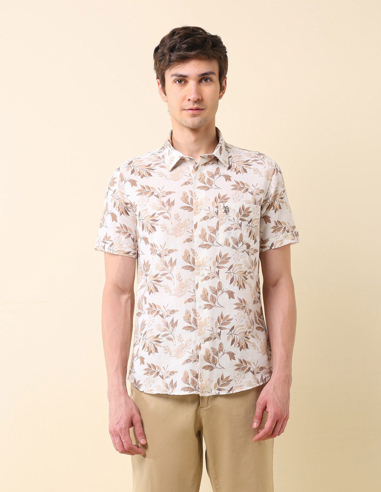 Floral Printed Tailored Fit Ctm Shirt Beige - U.S. Polo Assn. India | Large