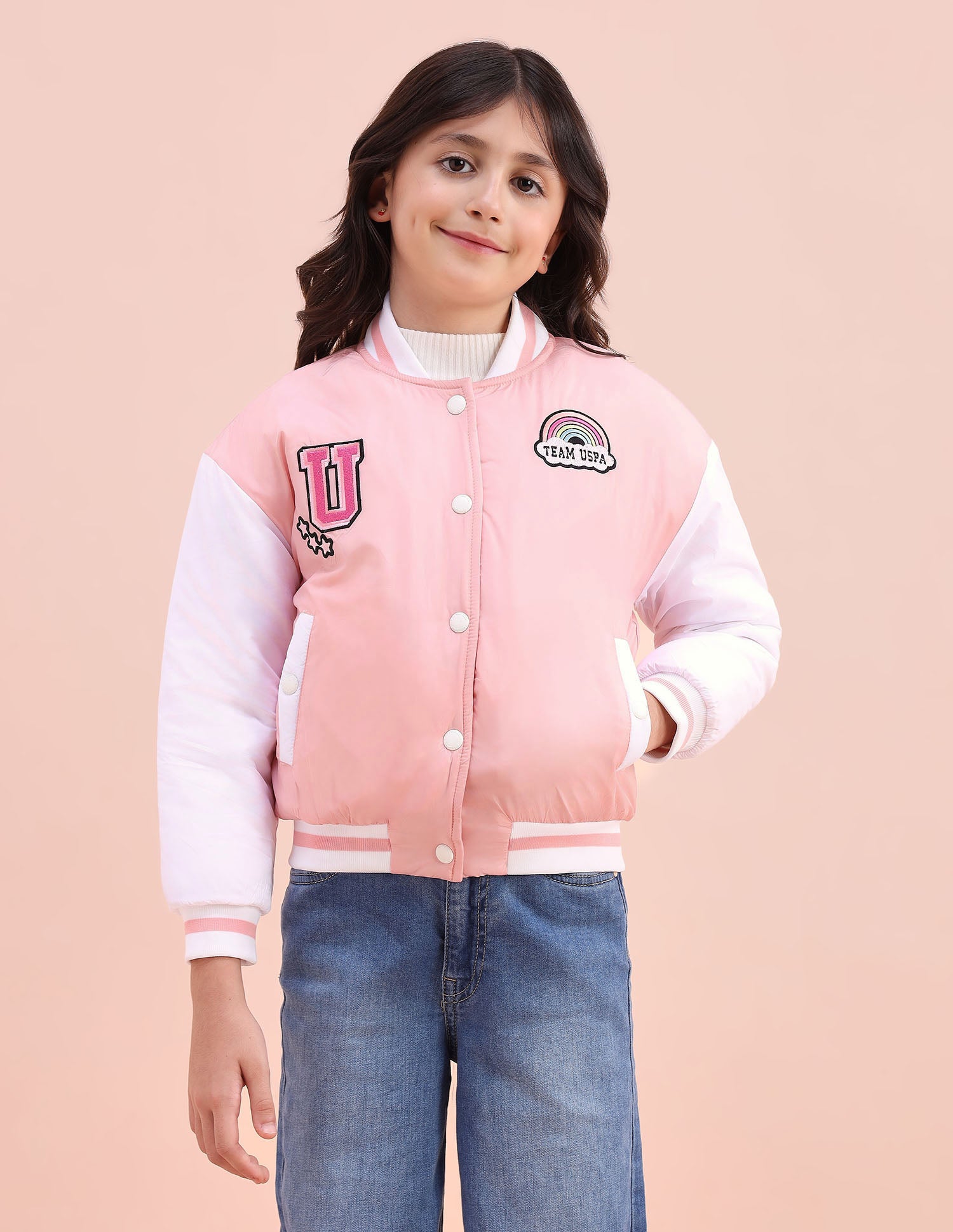 Colourblocked Regular Fit Varsity Jacket Light Peach - U.S. POLO ASSN. | Large