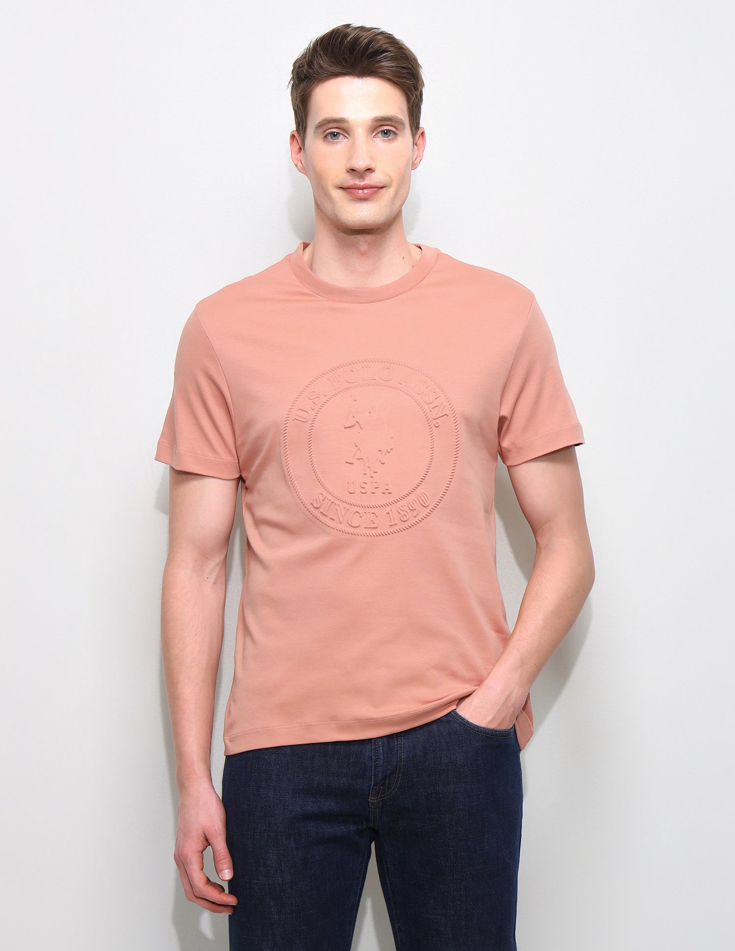 Brand Embossed Slim Fit T-Shirt Peach - U.S. Polo Assn. India | Large