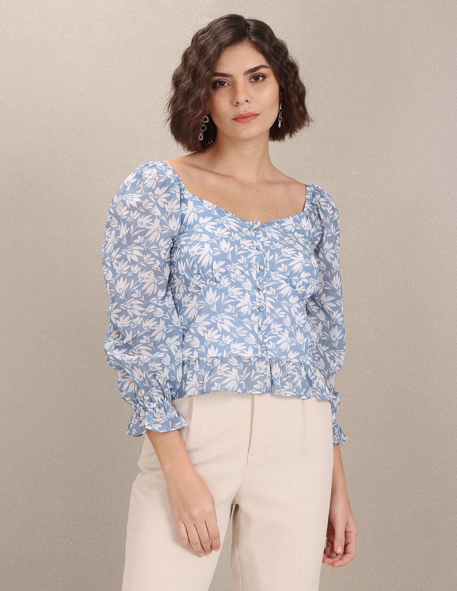 Long Sleeve Floral Print Top Light Blue - U.S. Polo Assn. India | Large