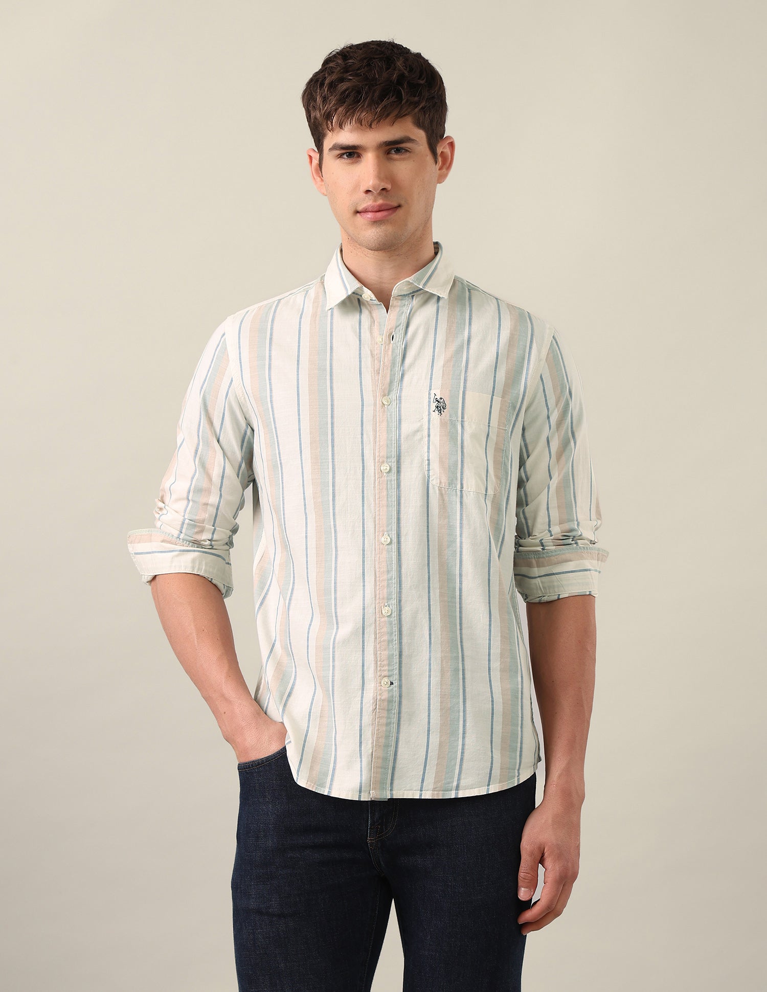 Regular Fit Vertical Striped Shirt Light Green - U.S. Polo Assn. India | Large