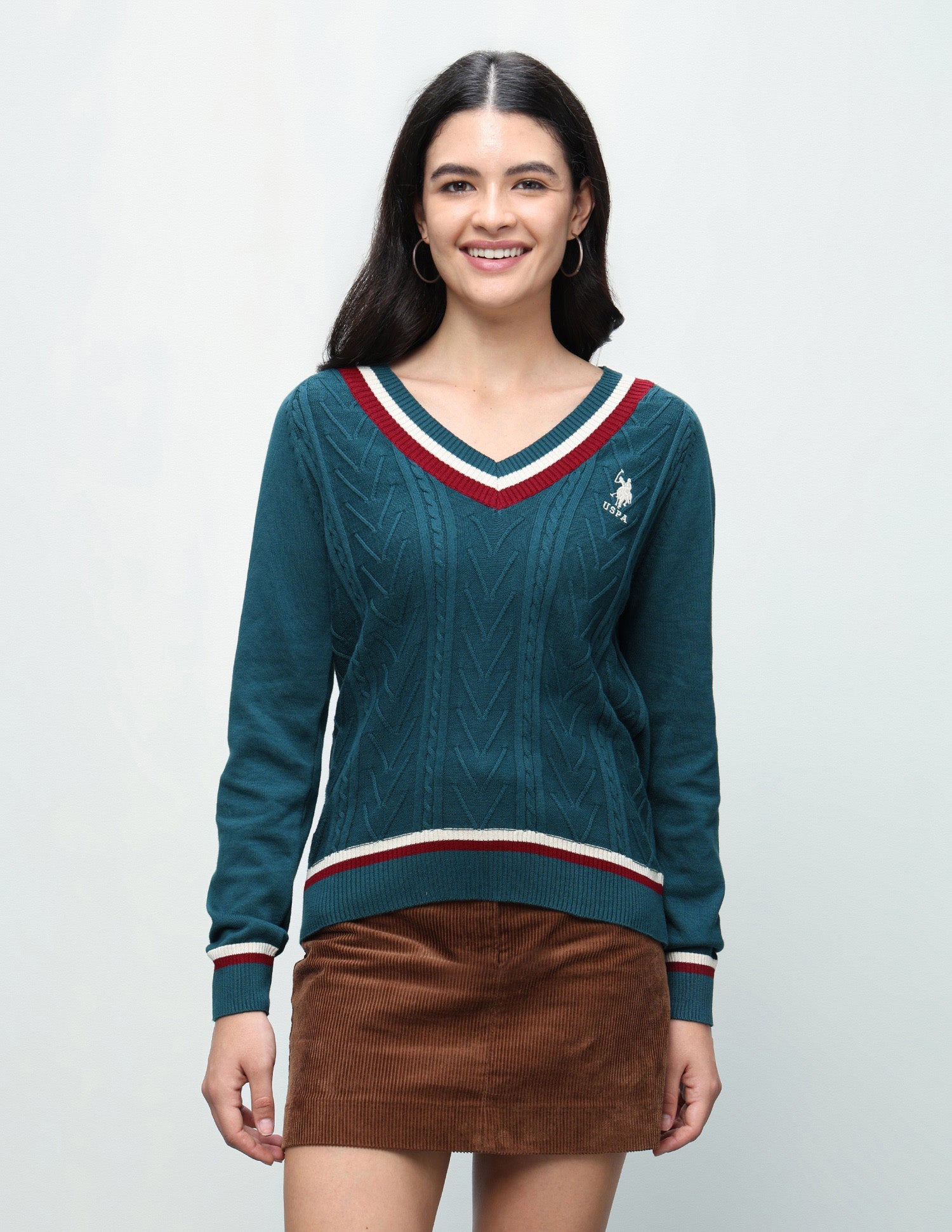 Cable Patterned Knit Regular Fit Sweater Teal - U.S. Polo Assn. India | Large