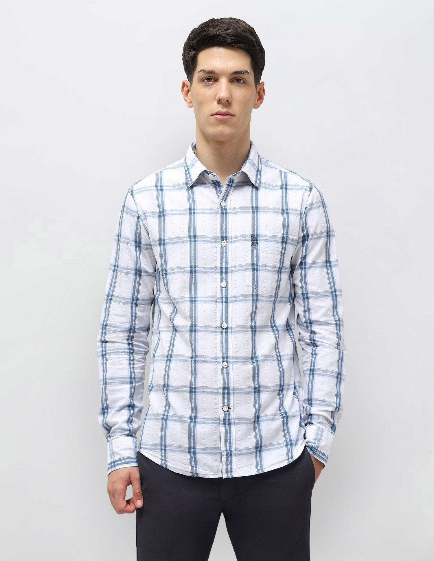 Grid Tattersall Checked Seersucker Shirt Light Blue - U.S. POLO ASSN. | Large