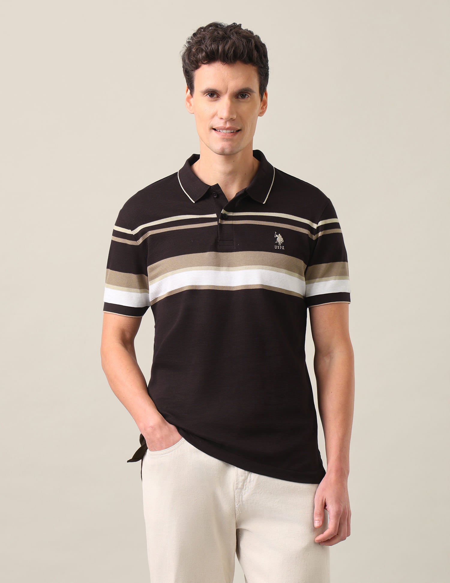 Horizontal Striped Jacquard Slim Fit Polo Shirt Dark Brown - U.S. Polo Assn. India | Large