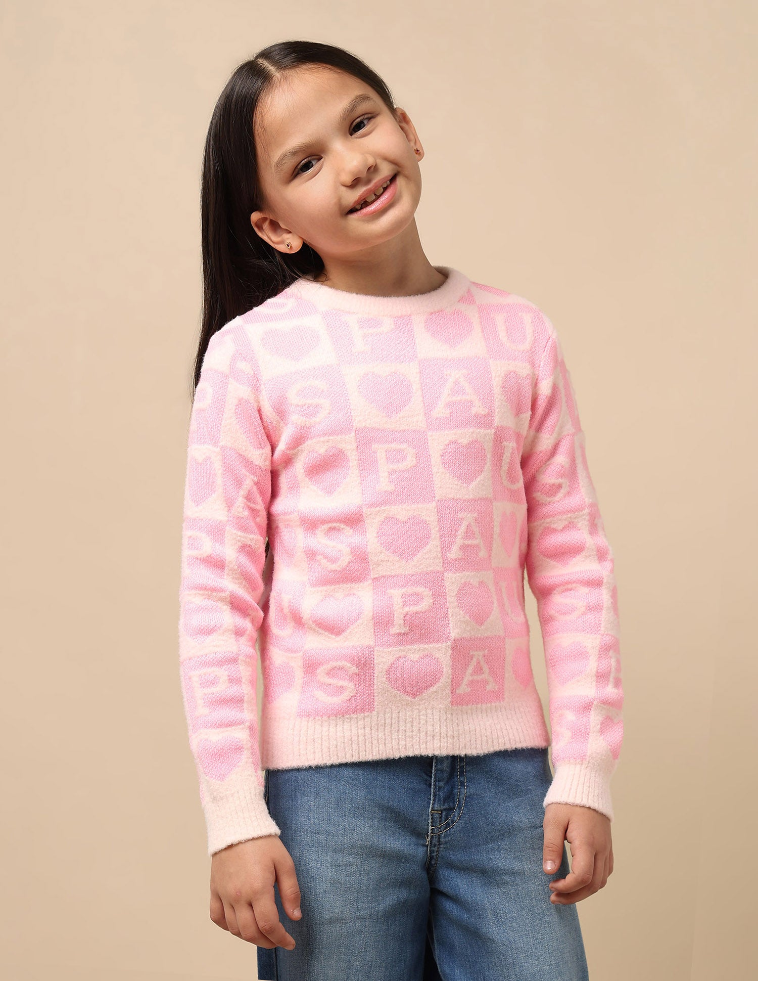 Girls Patterned Knit Sweatshirt Pink and Black - U.S. POLO ASSN. | Large