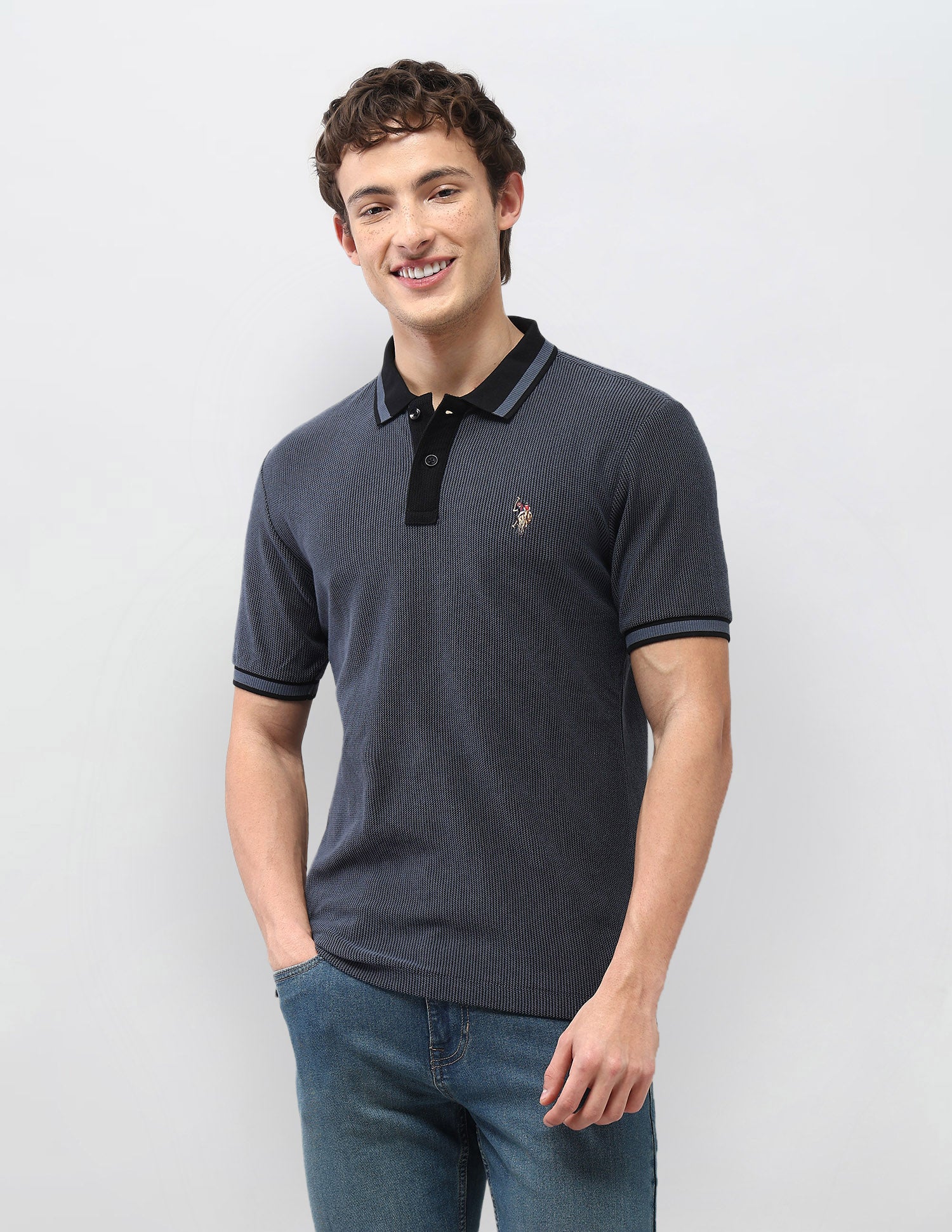 Textured Motel On The Coast Polo Shirt Dark Blue - U.S. Polo Assn. India | Large
