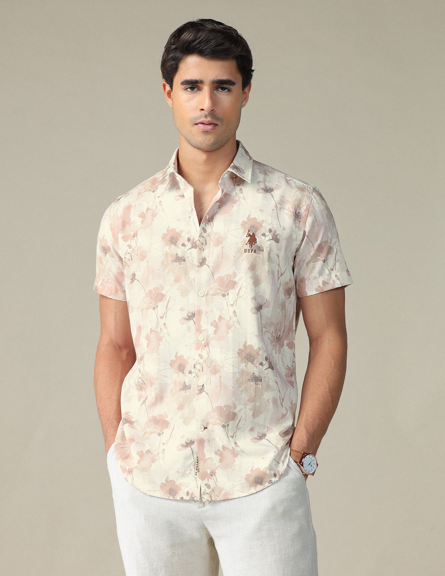 Floral Printed Pure Cotton Shirt Beige - U.S. POLO ASSN. | Large