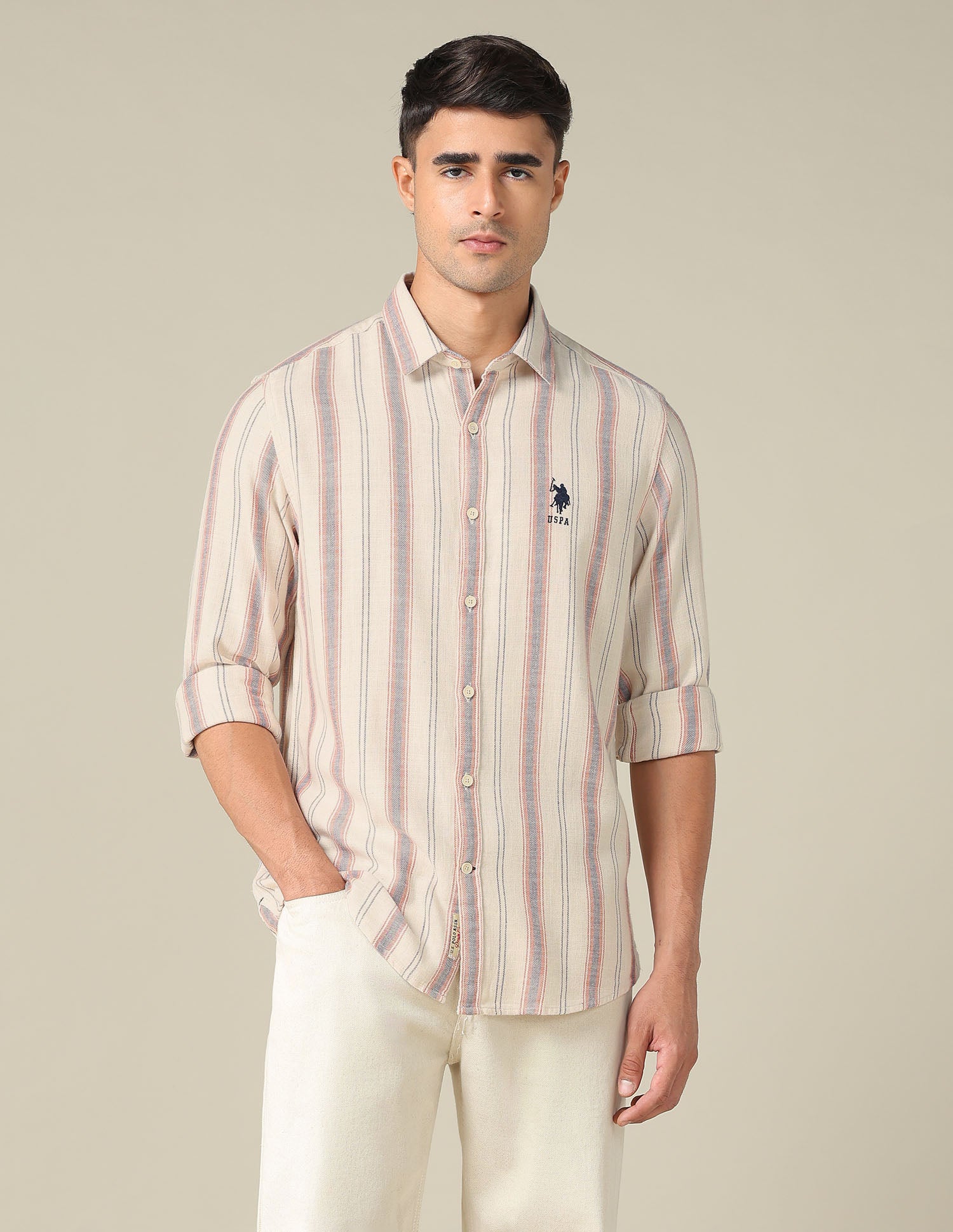 Regular Fit Vertical Striped Shirt Ivory - U.S. POLO ASSN. | Large