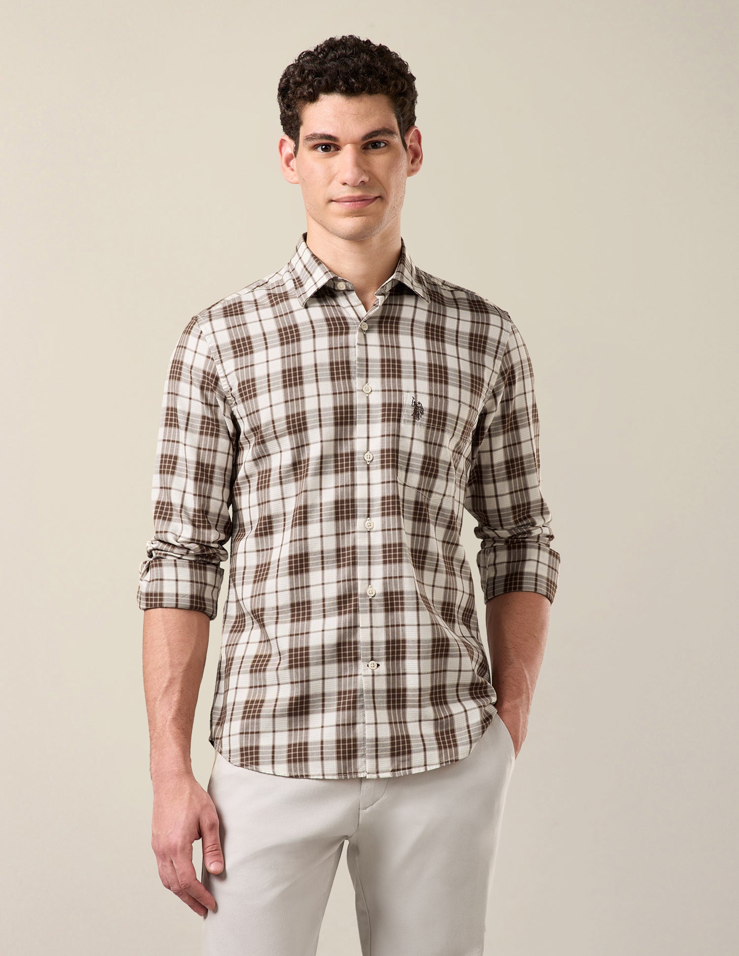 Twill Tailored Fit Shirt Brown - U.S. Polo Assn. India | Large