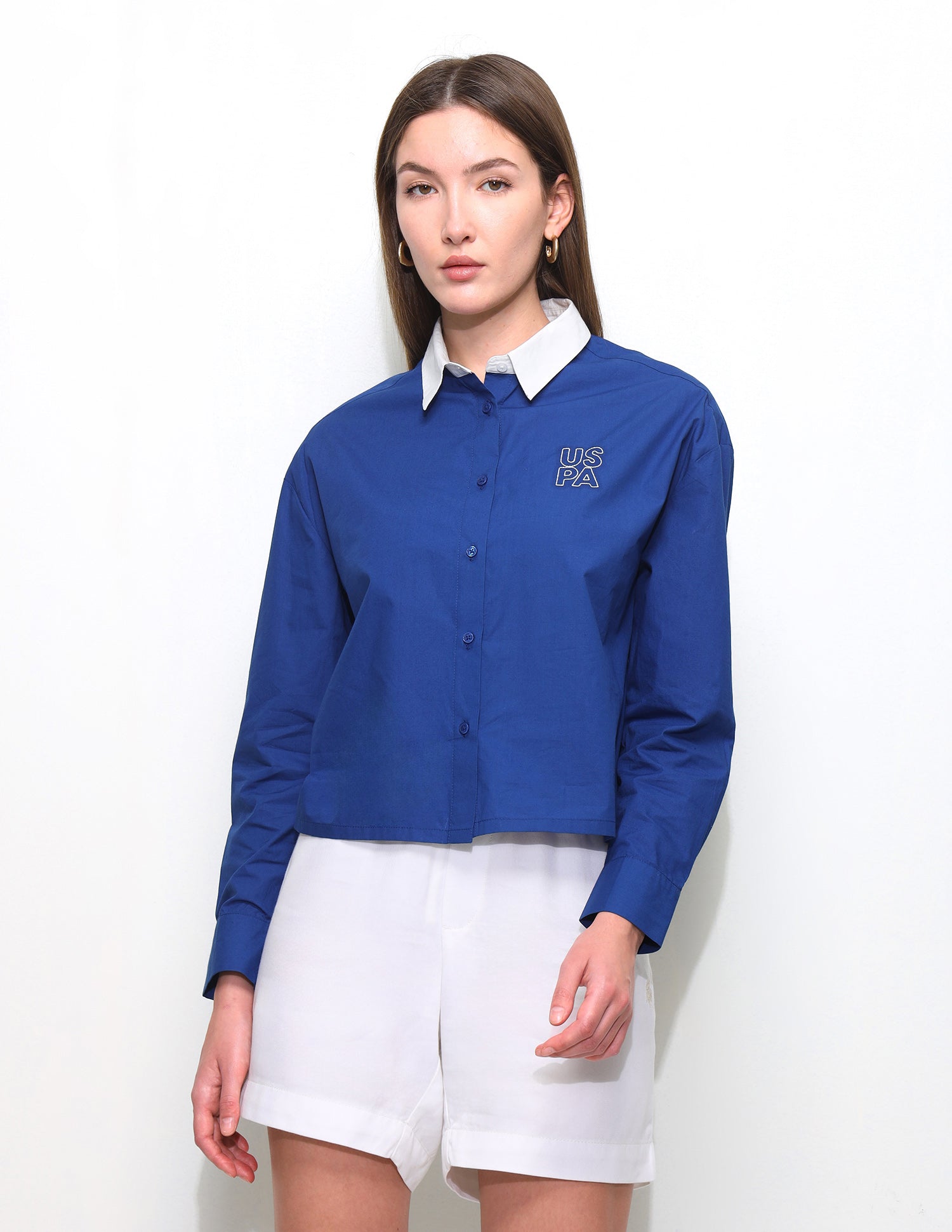 Boxy Fit Contrast Collar Cropped Shirt Blue - U.S. Polo Assn. India | Large