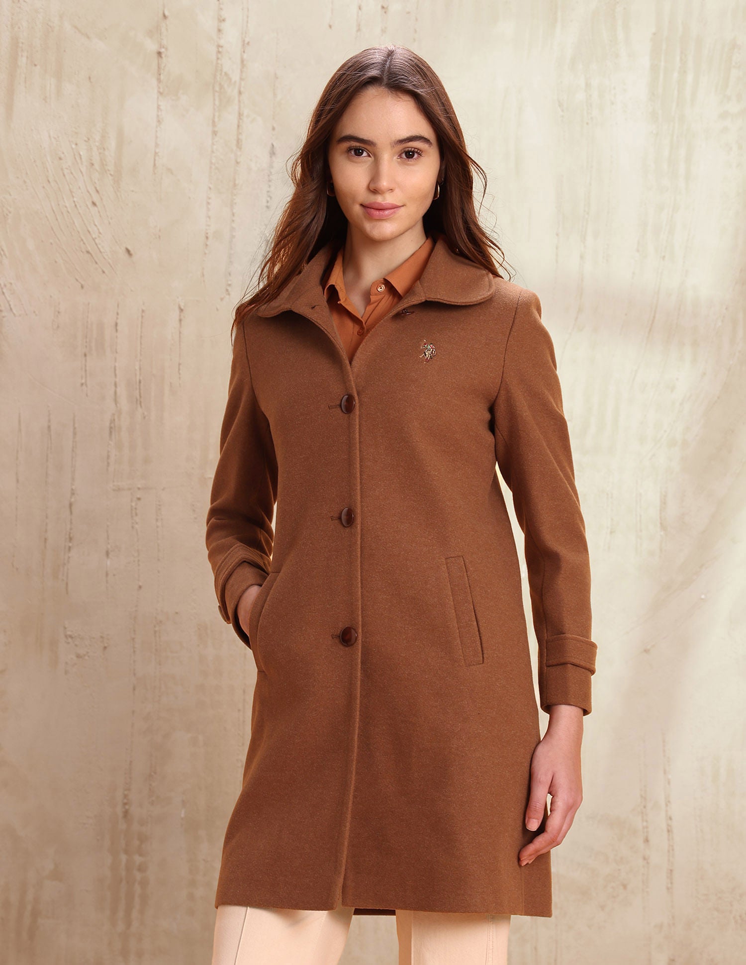 Solid Regular Fit Spread Collar Overcoat Bronze - U.S. POLO ASSN. | Large