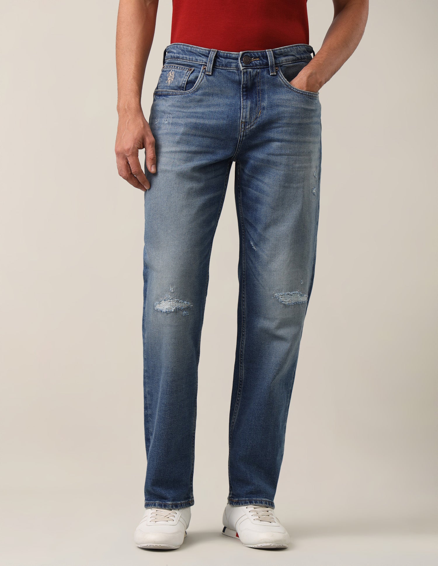 Shawn Relaxed Fit Blue Distressed Jeans Mid Blue - U.S. Polo Assn. India | Large