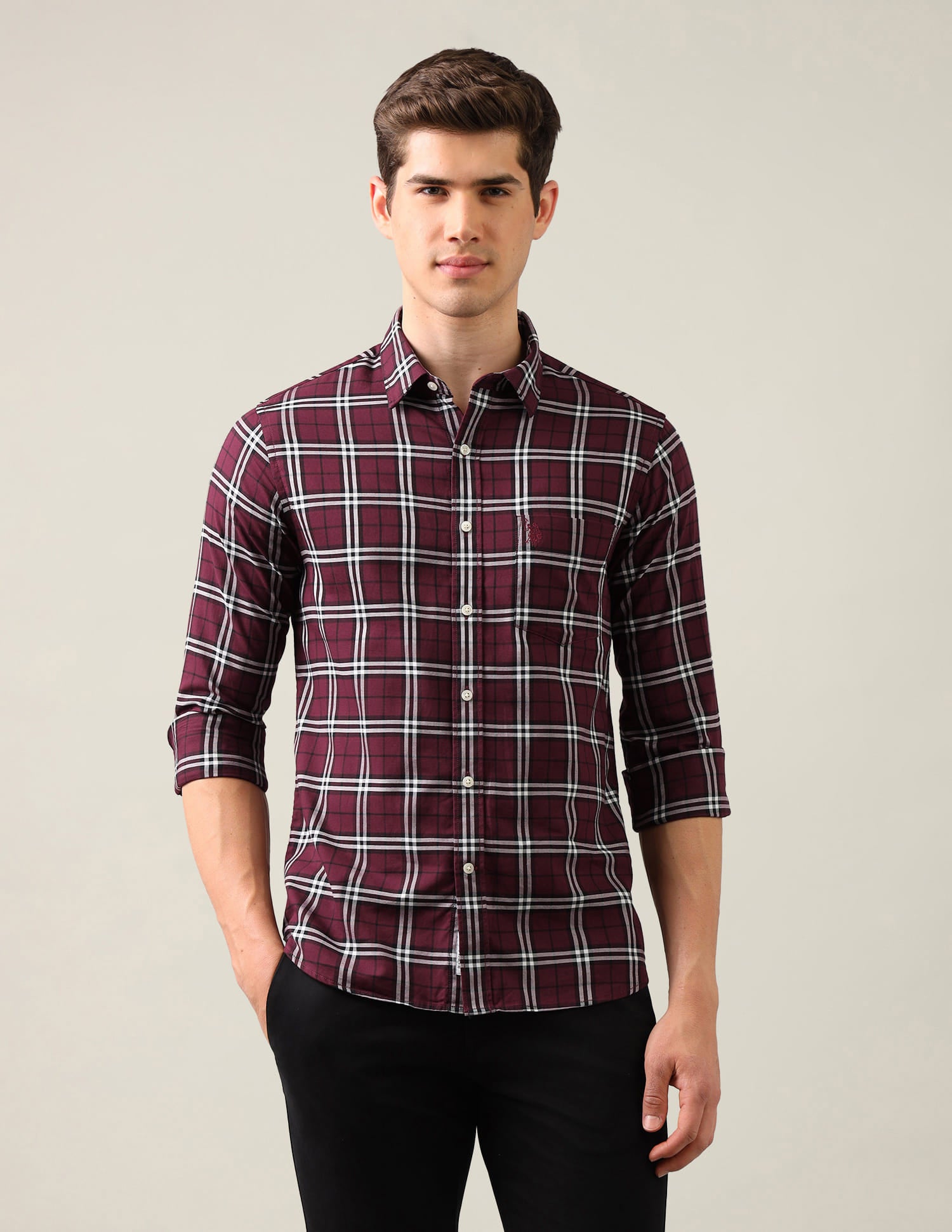 Grid Tattersall Checked Tailored Fit Shirt Red - U.S. Polo Assn. India | Large