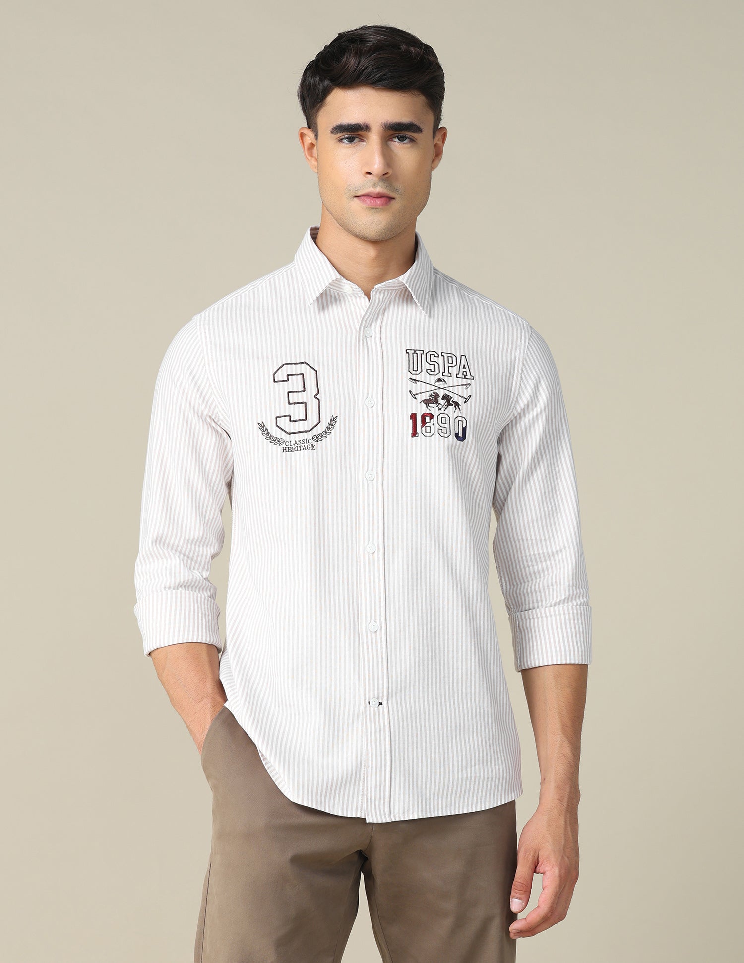 Oxford Vertical Striped Shirt Khaki - U.S. POLO ASSN. | Large