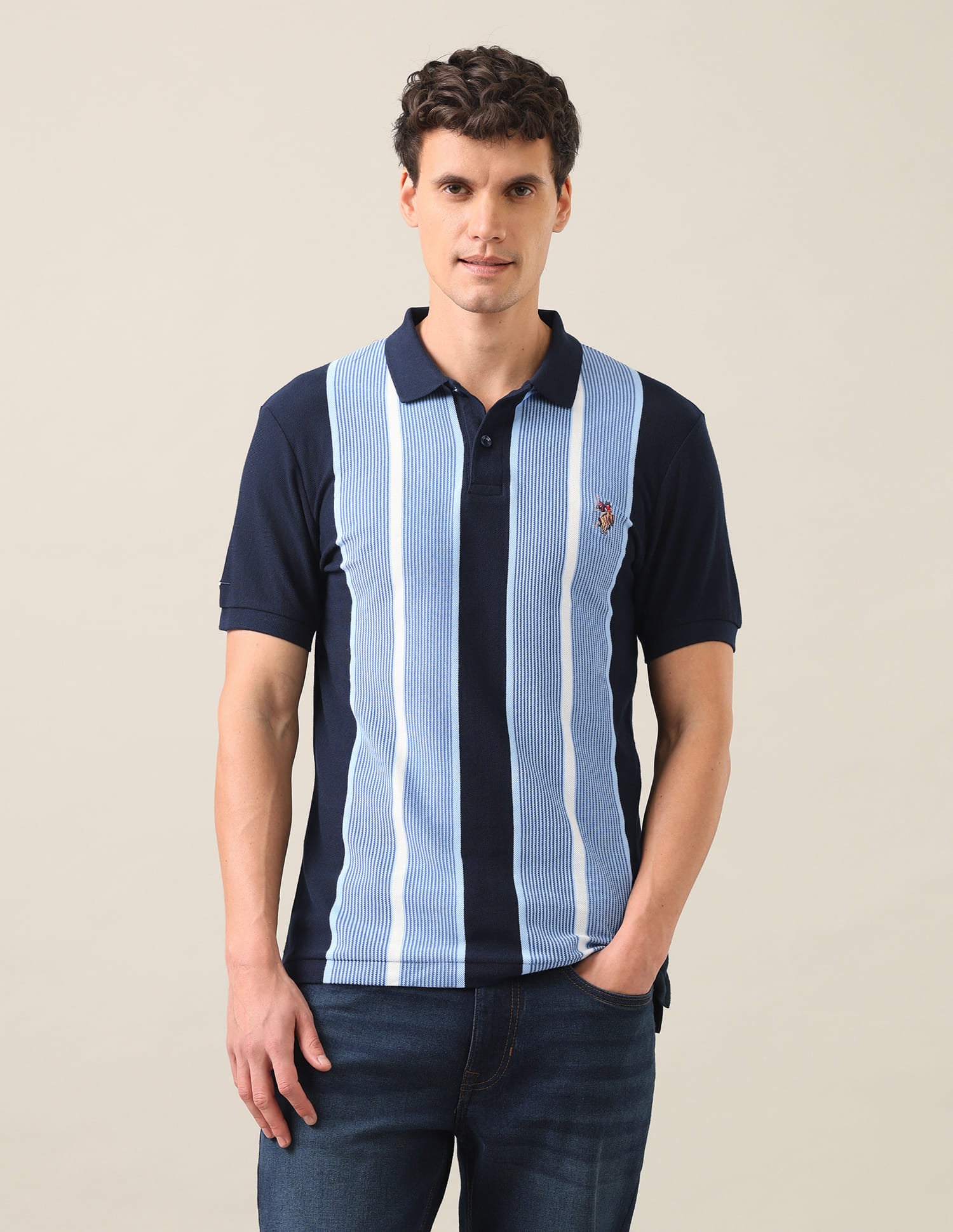 Colourblocked Vertical Striped Slim Fit Polo Shirt Navy - U.S. Polo Assn. India | Large