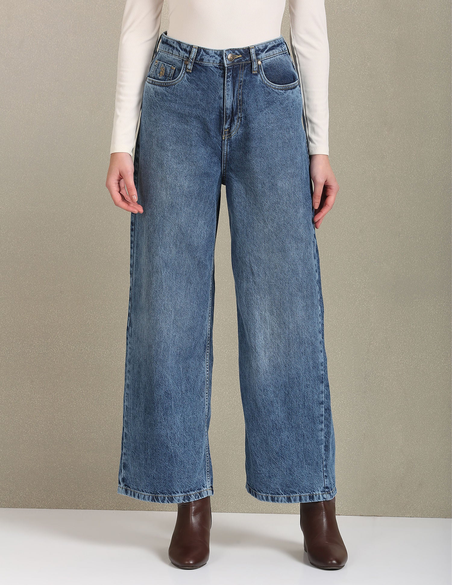 Wide Leg Mid Rise Jeans Blue - U.S. POLO ASSN. | Large