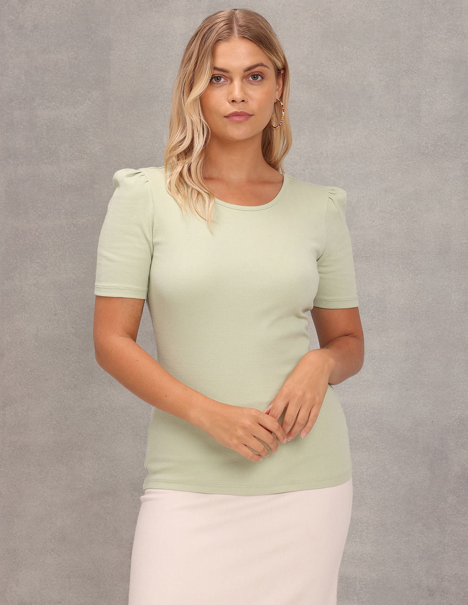 Puff Sleeve Round Neck Top Light Green - U.S. Polo Assn. India | Large