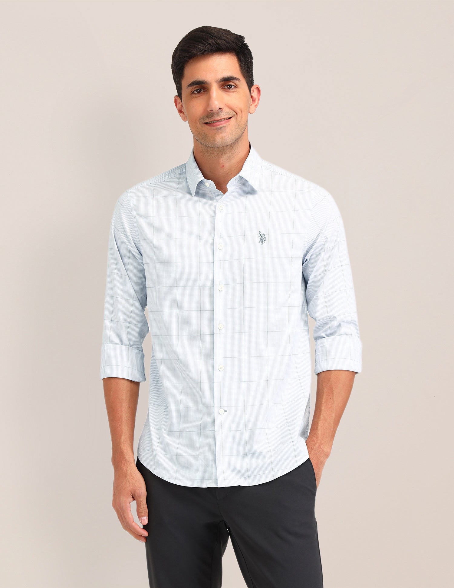 Micro Check Printed Regular Fit Shirt Light Grey - U.S. Polo Assn. India | Large