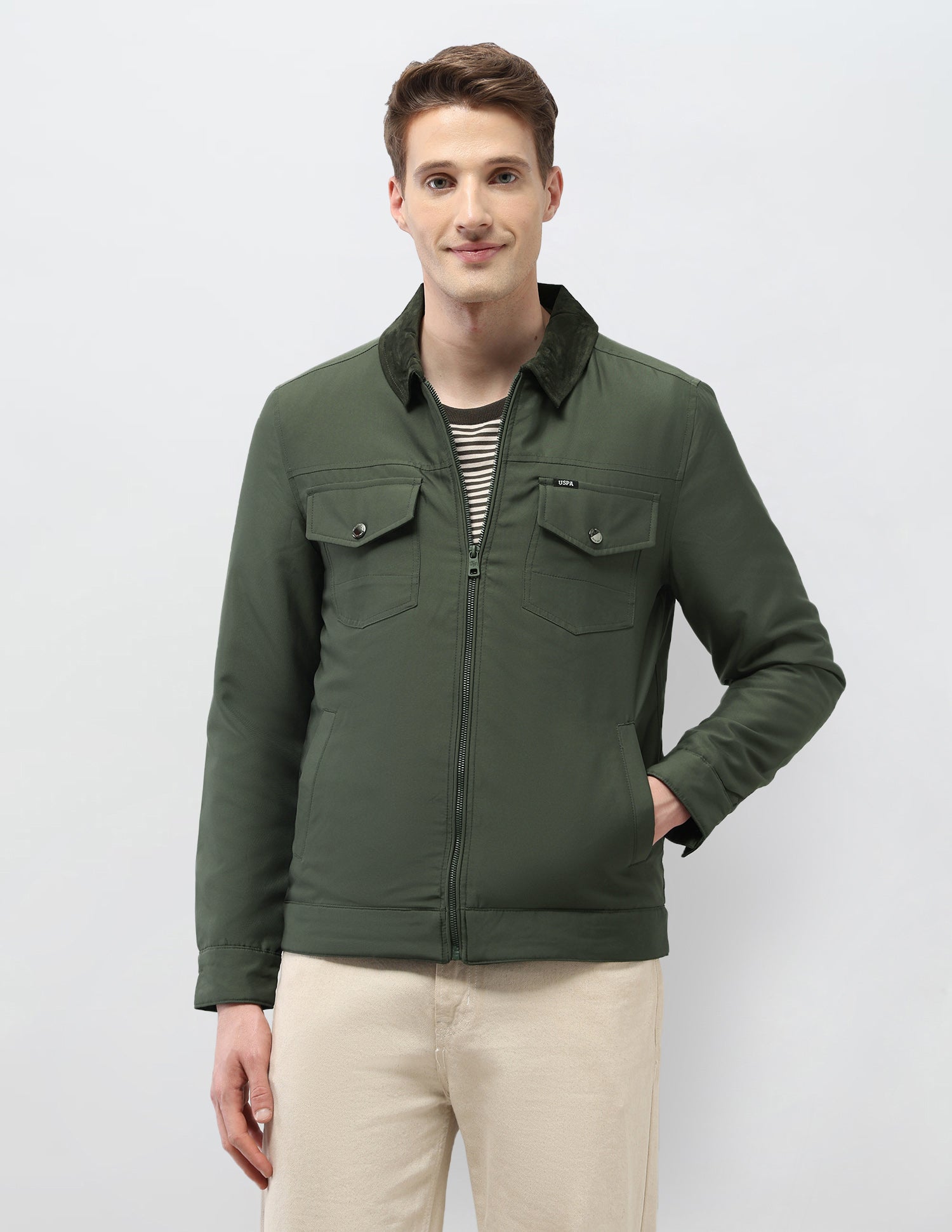 Solid Regular Fit Jacket Olive - U.S. Polo Assn. India | Large