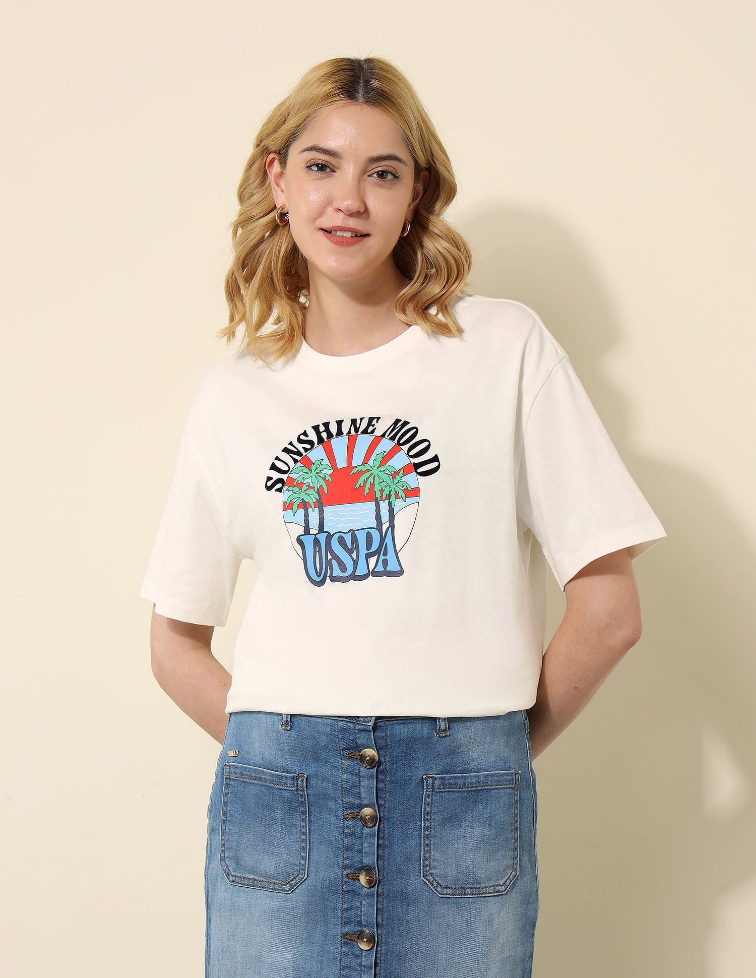 Boyfriend Fit Tropical Printed T-Shirt Off White - U.S. POLO ASSN. | Large