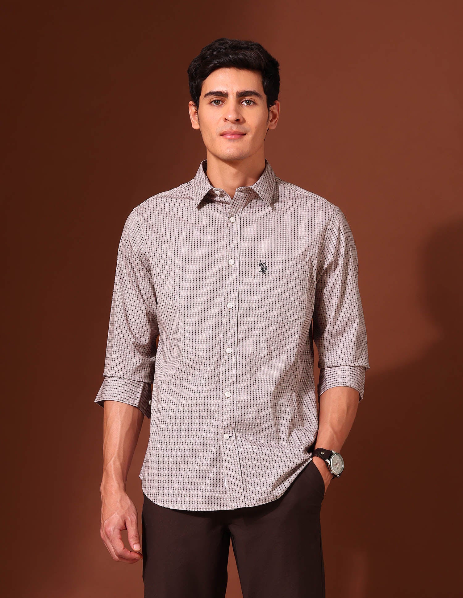 Geometric Printed Tailored Fit Shirt Beige - U.S. Polo Assn. India | Large