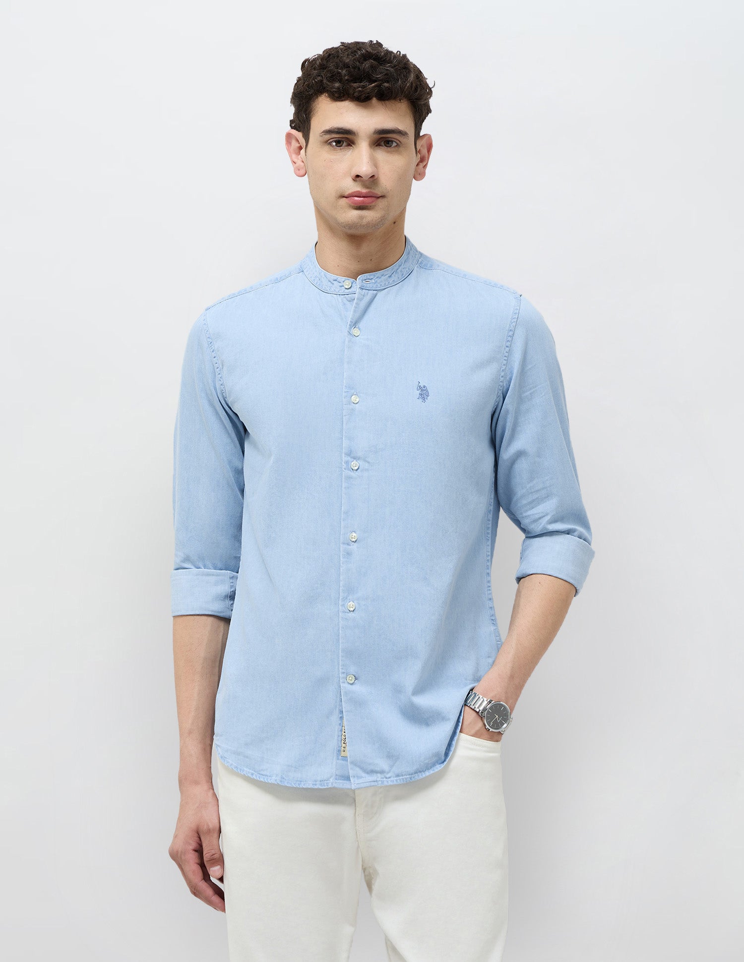 Twill Slim Fit Mandarin Shirt Light Indigo - U.S. POLO ASSN. | Large