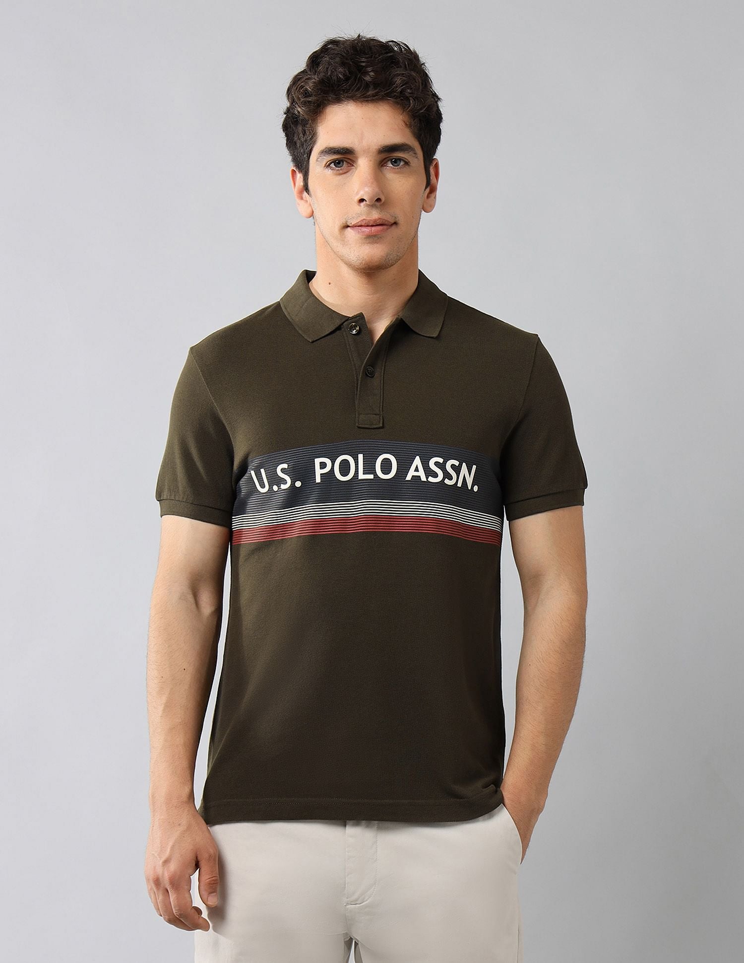 Brand Printed Muscle Fit Polo Shirt Olive - U.S. Polo Assn. India | Large