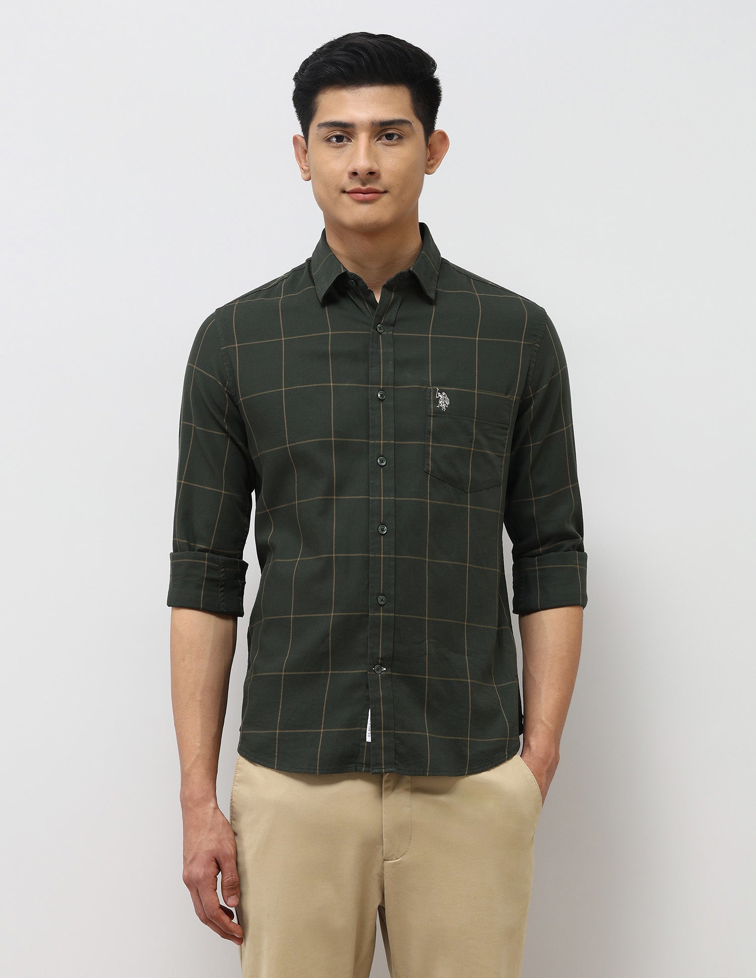 Pure Cotton Tailored Fit Shirt Dark Green - U.S. Polo Assn. India | Large