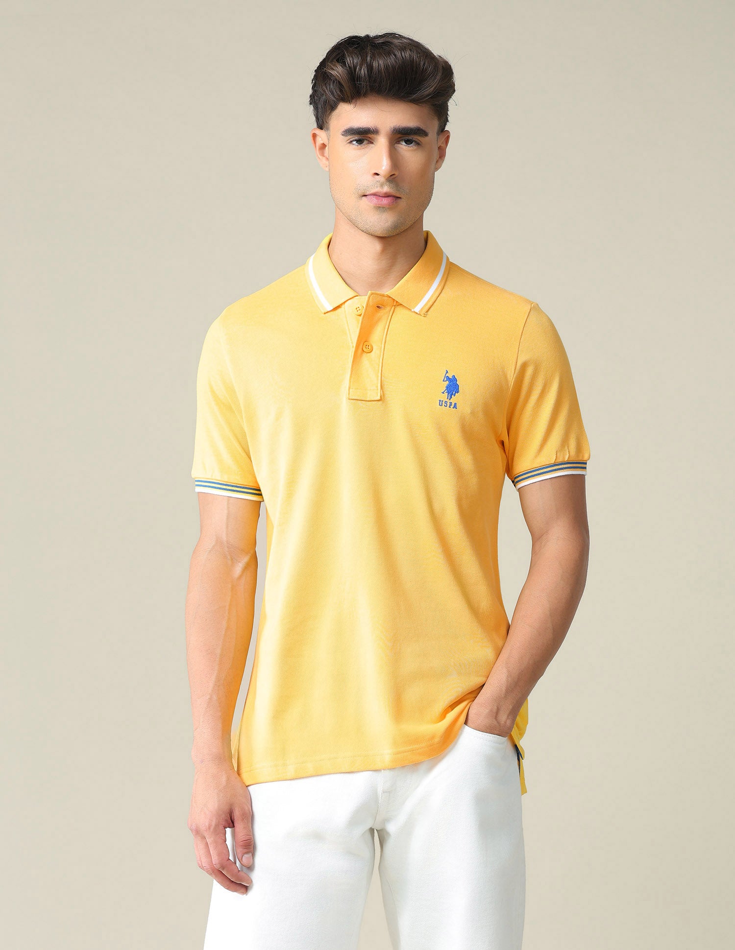 Striped Collar Pique Polo Shirt Mustard - U.S. POLO ASSN. | Large