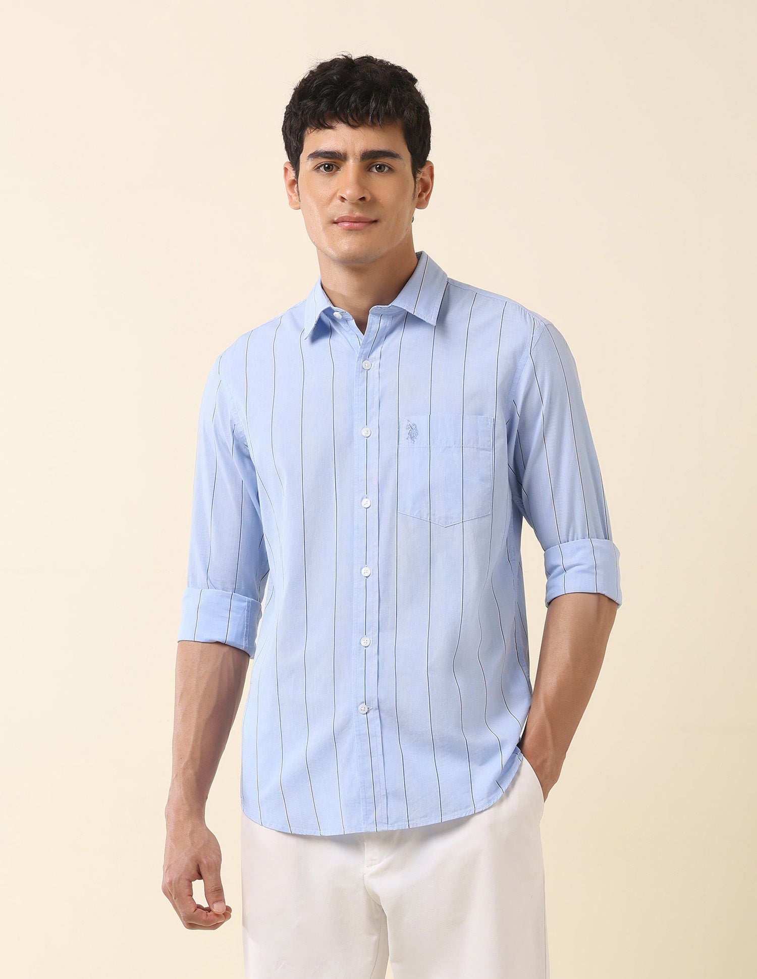 Tailored Fit Vertical Striped Shirt Light Blue - U.S. Polo Assn. India | Large