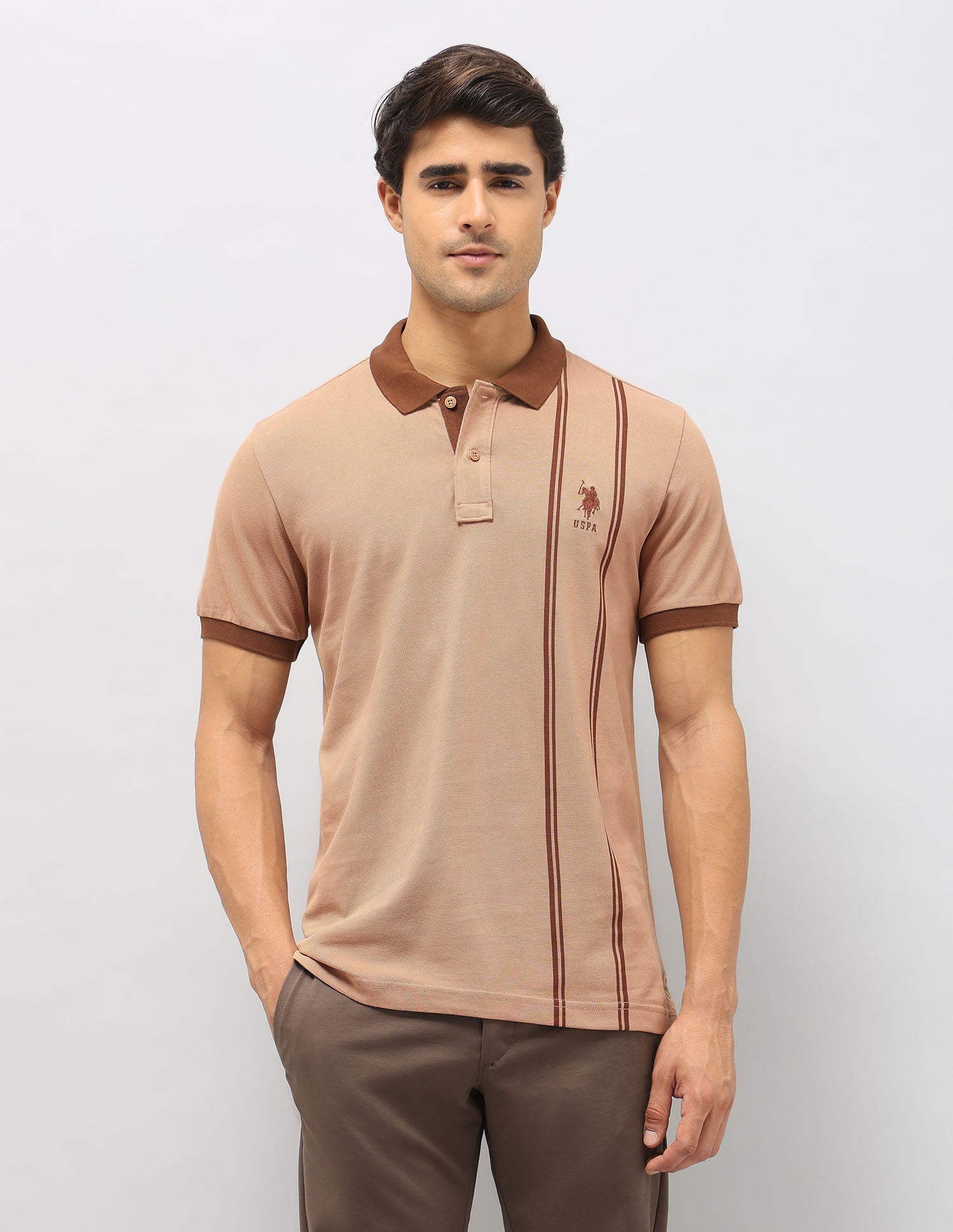 Vertical Striped Slim Fit Polo Shirt Beige - U.S. Polo Assn. India | Large