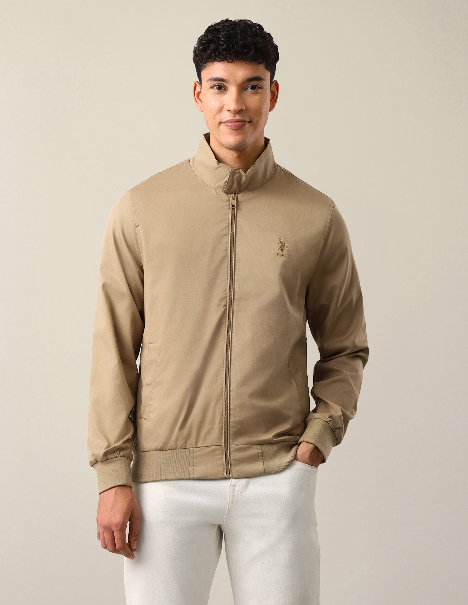 Solid Regular Fit Bomber Jacket Khaki - U.S. Polo Assn. India | Large