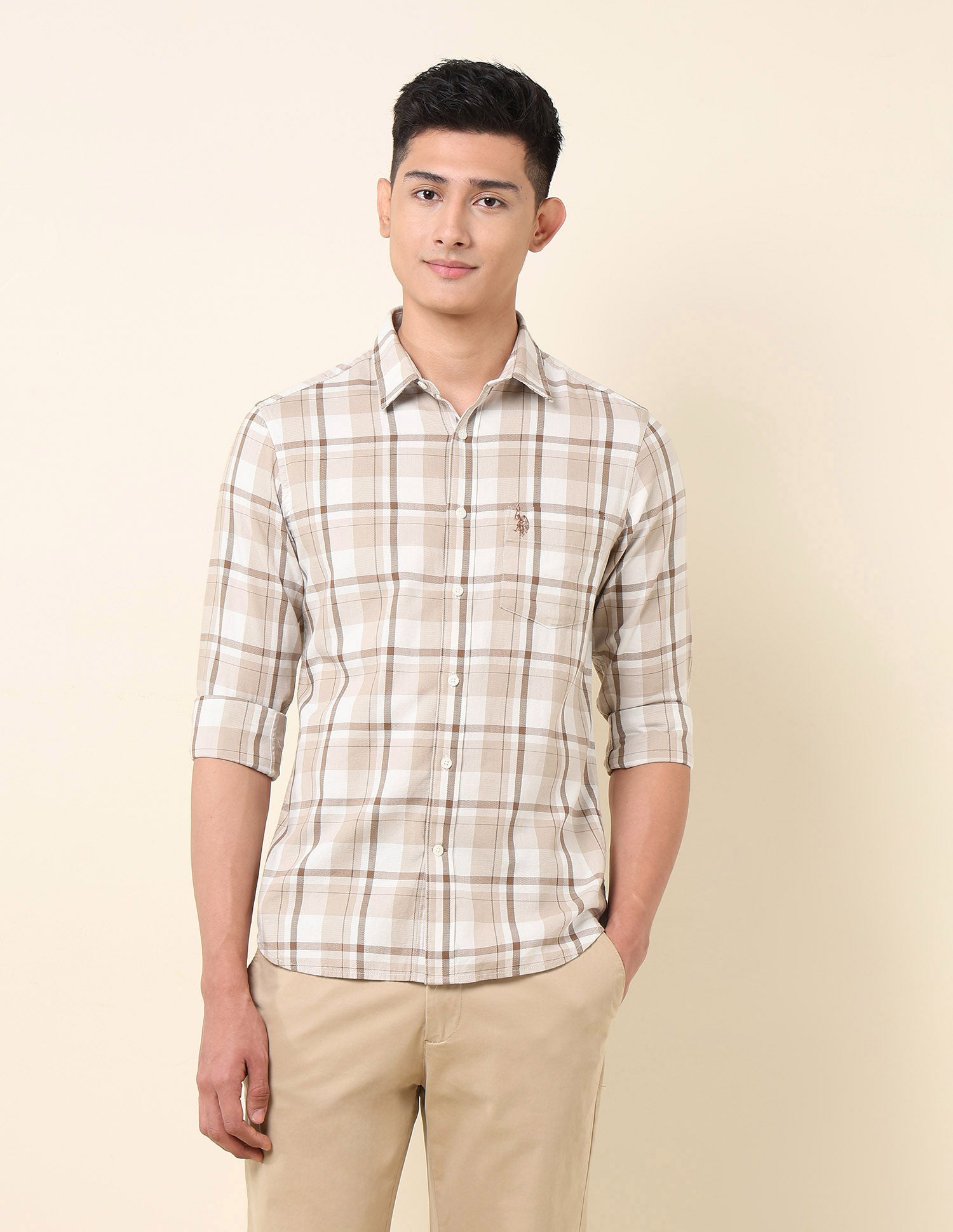 Tailored Fit Pure Cotton Shirt Beige - U.S. Polo Assn. India | Large