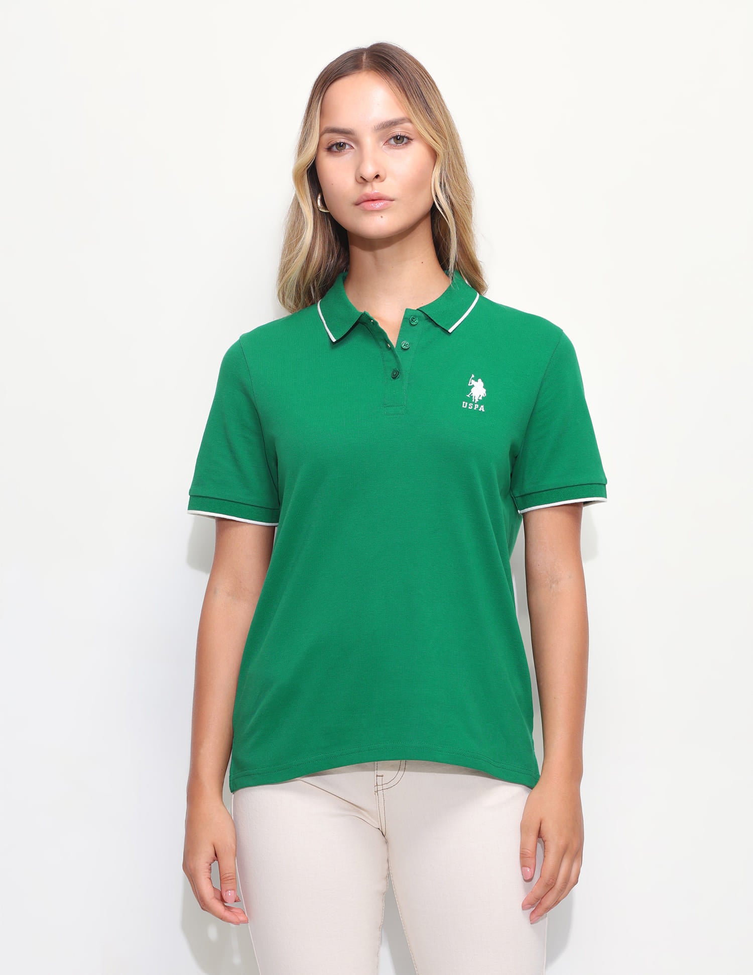 Solid Tipped Collar Regular Fit Polo Shirt Green - U.S. Polo Assn. India | Large