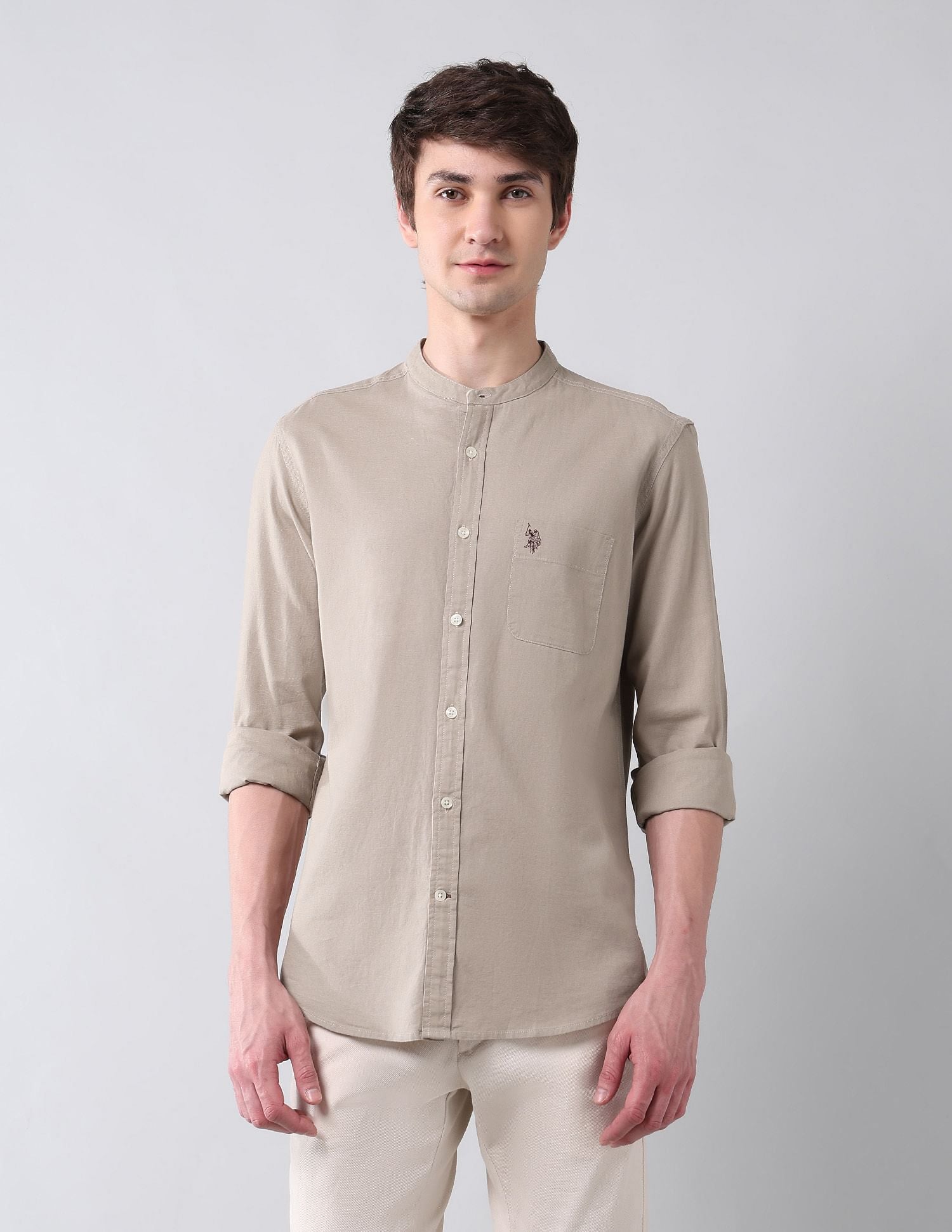 Solid Slub Mandarin Collar Shirt Khaki - U.S. Polo Assn. India | Large
