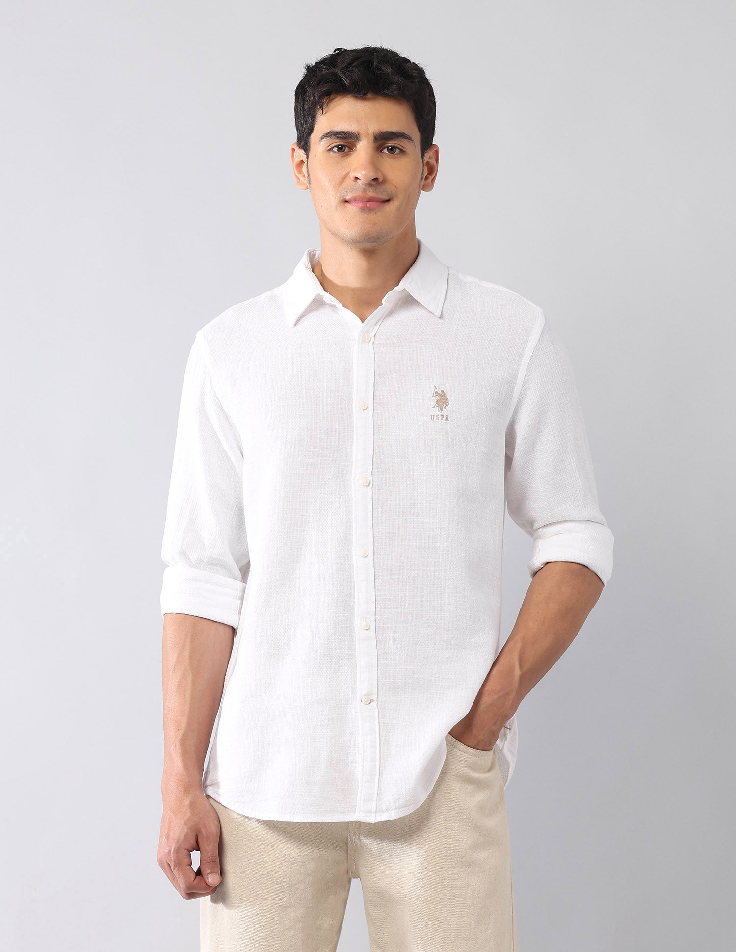 Textured Dobby Regular Fit Formal Shirt White - U.S. Polo Assn. India | Large