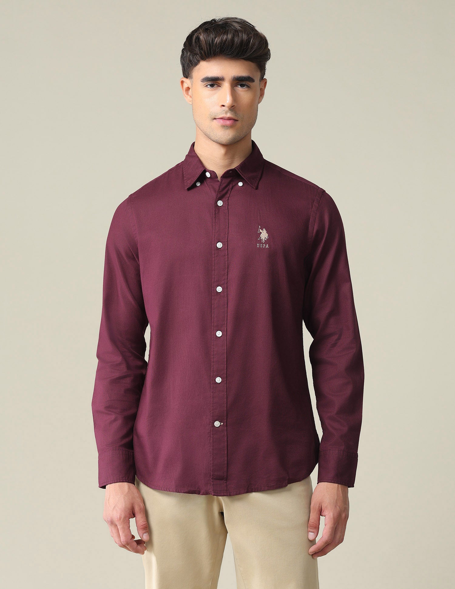 Button Down Collar Cotton Shirt Maroon - U.S. POLO ASSN. | Large