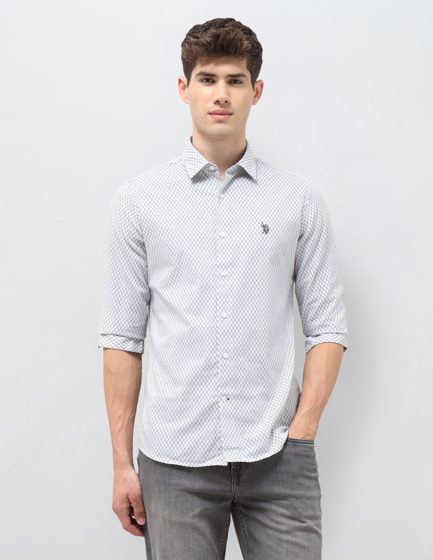 Tailored Fit Geometric Printed Shirt Light Grey - U.S. Polo Assn. India | Large