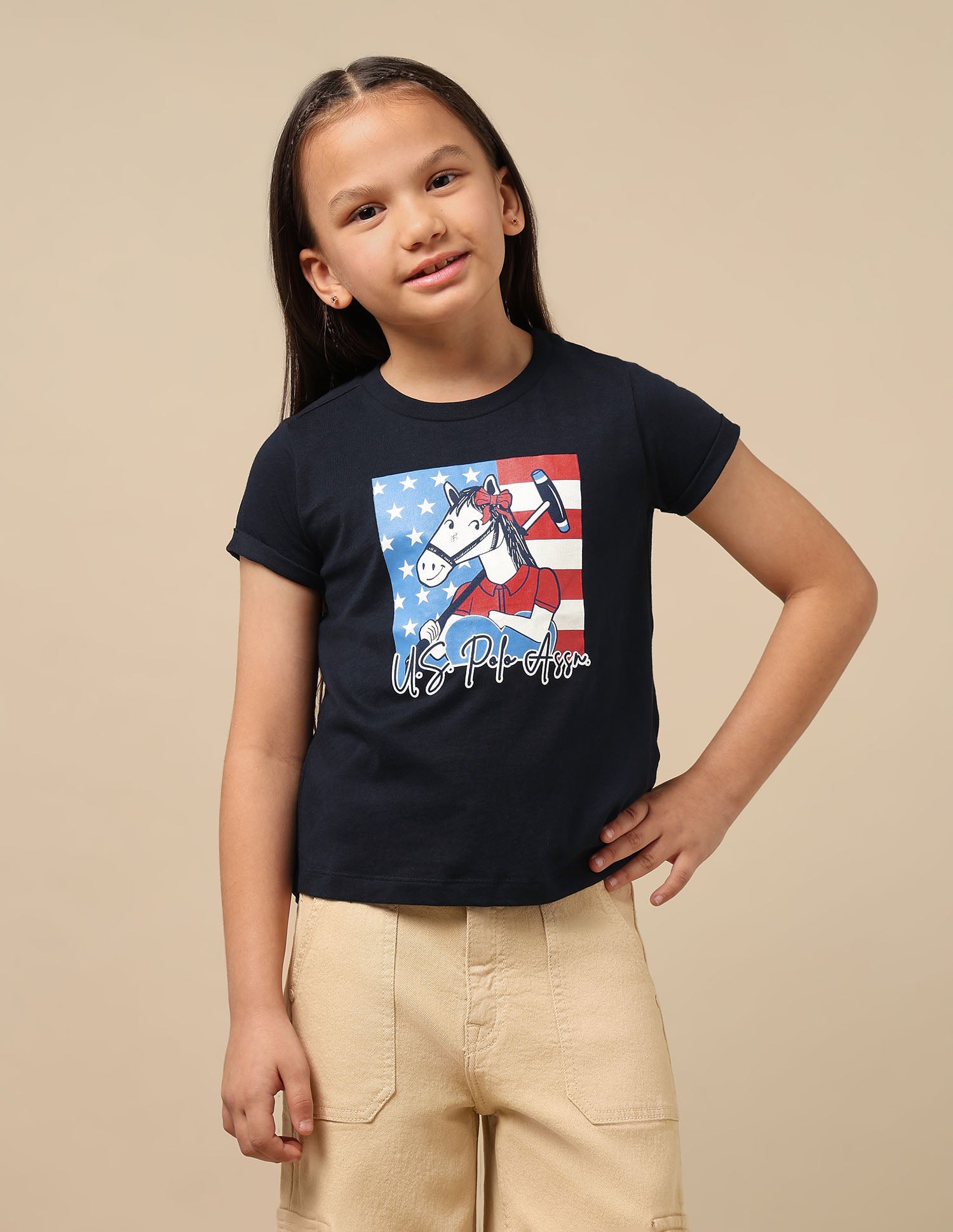 Girls Brand Print Cotton T-Shirt Navy - U.S. Polo Assn. India | Large