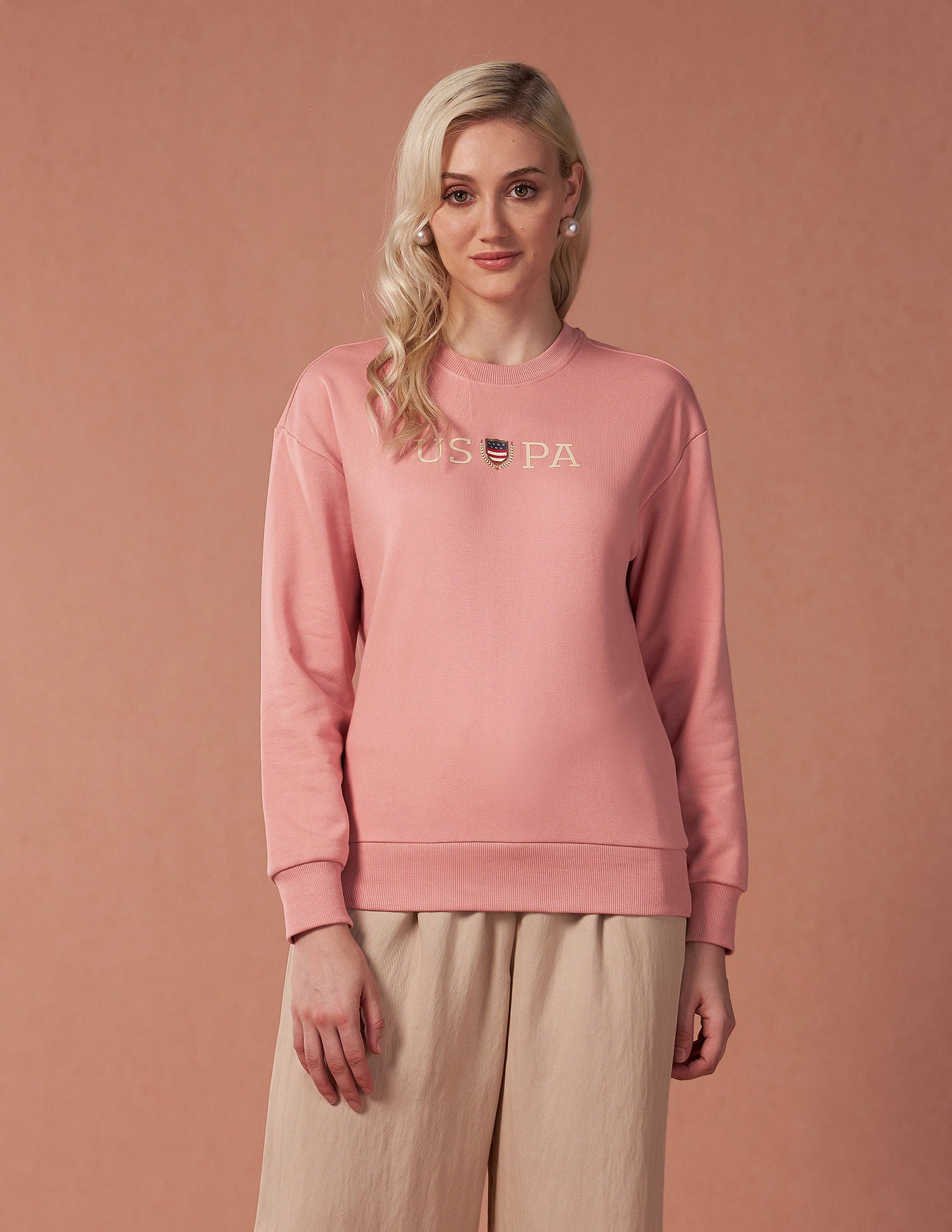 Drop Shoulder Glitter Print Sweatshirt Peach - U.S. POLO ASSN. | Large