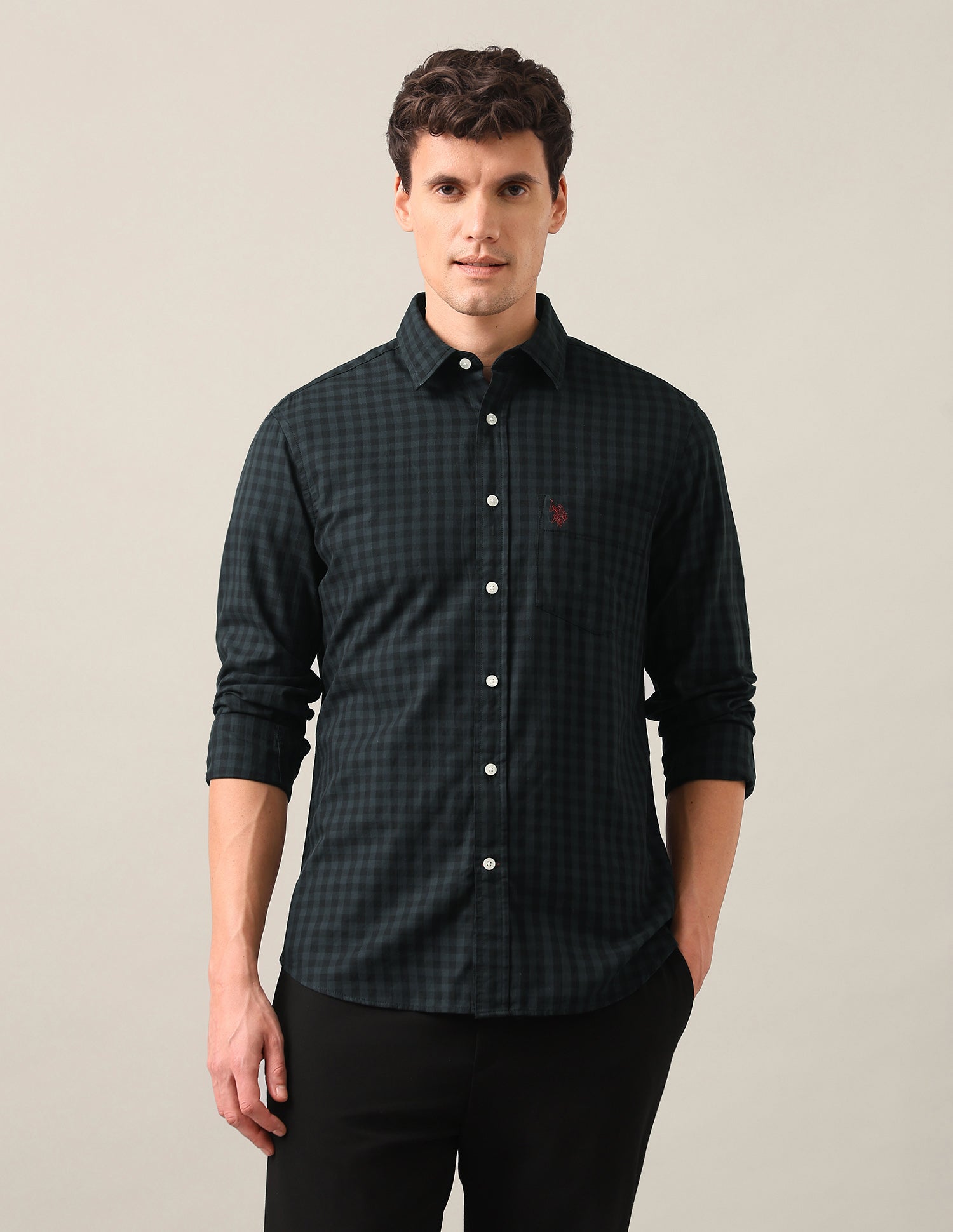 Gingham Checked Twill Shirt Green - U.S. Polo Assn. India | Large