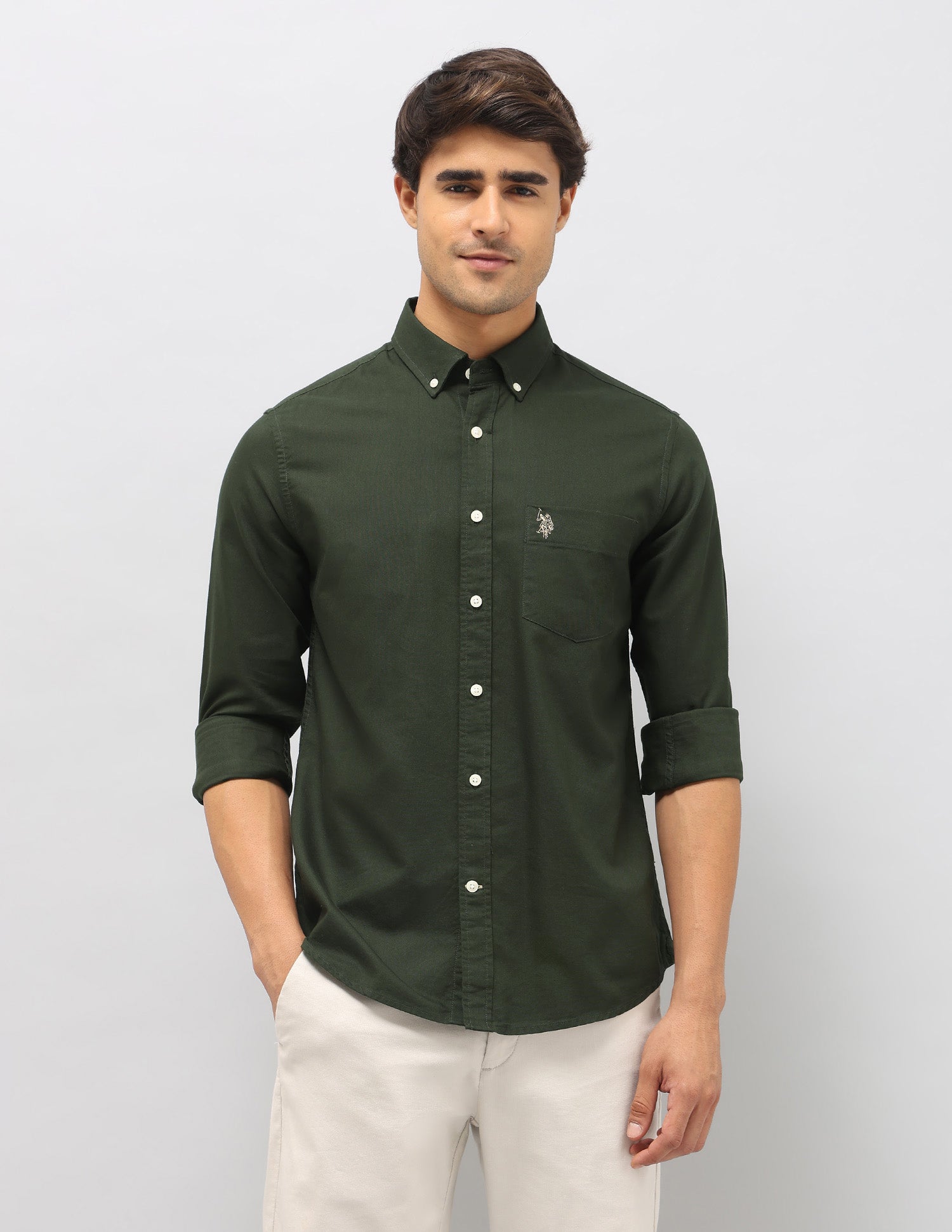 Pure Cotton Tailored Fit Shirt Dark Green - U.S. Polo Assn. India | Large