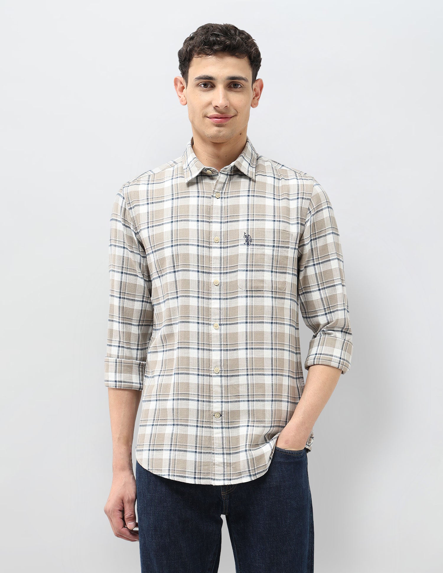 Tartan Checked Herringbone Shirt Khaki - U.S. POLO ASSN. | Large