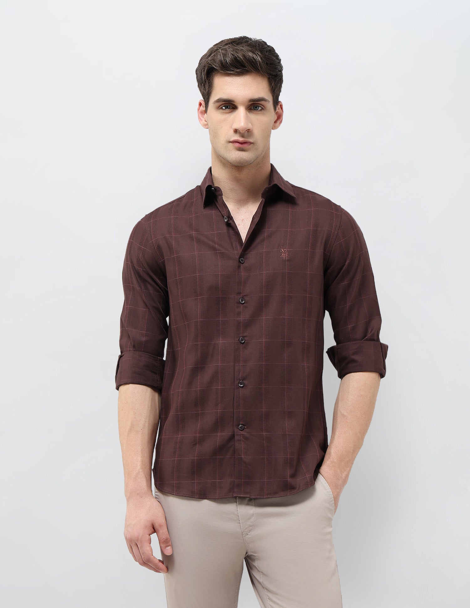 Regular Fit Textured With Grid Checked Shirt Burgundy - U.S. POLO ASSN. | Large