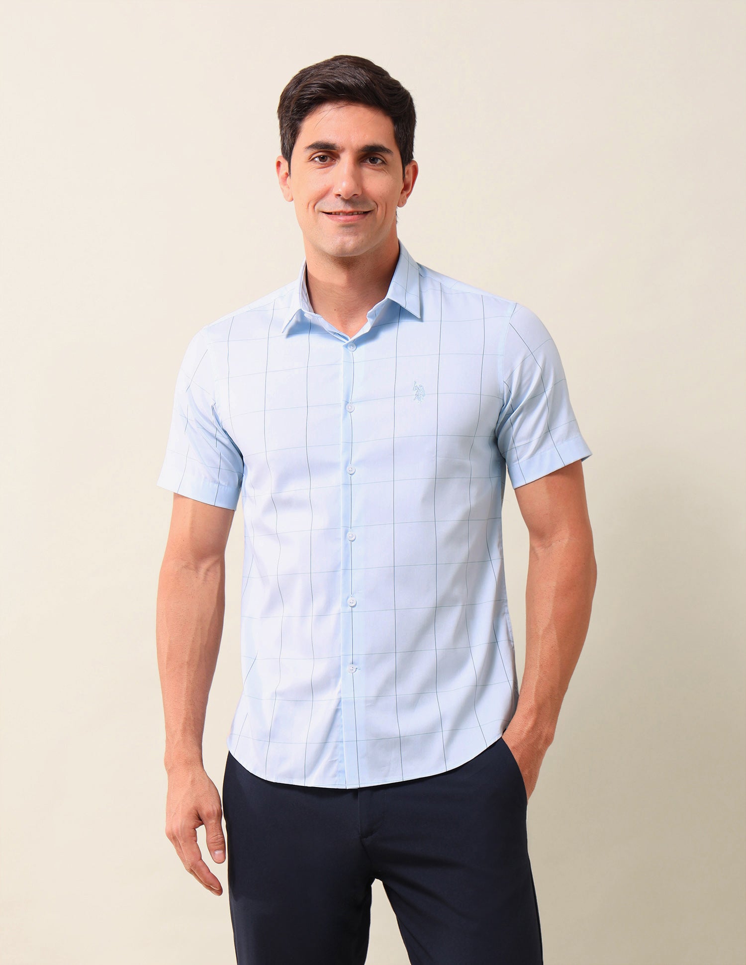 Windowpane Checked Tailored Fit Shirt Light Blue - U.S. Polo Assn. India | Large