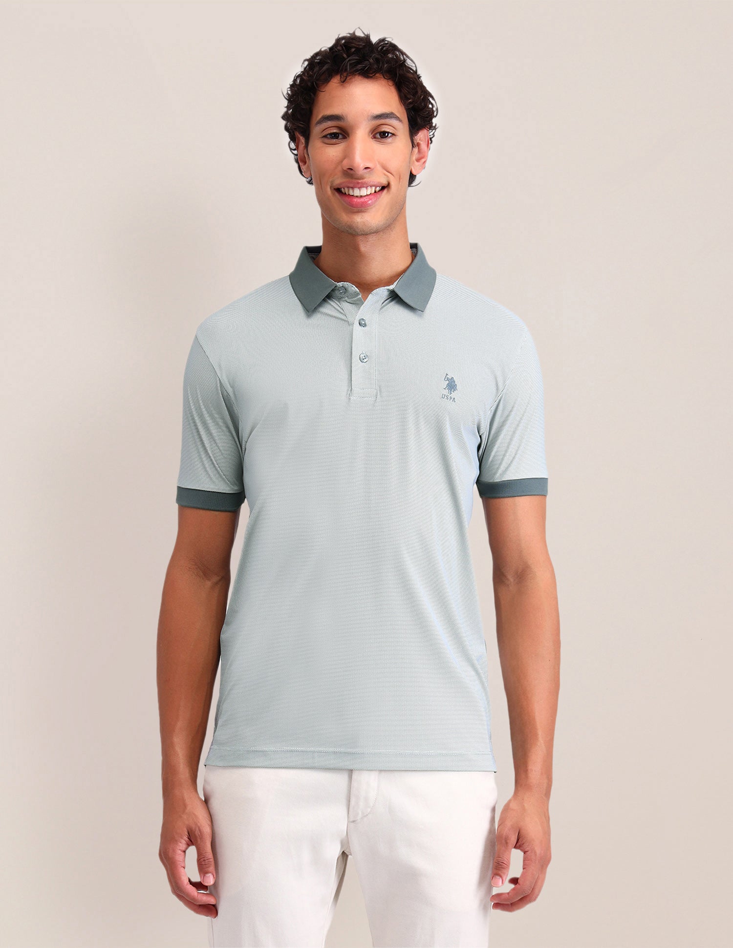Geometric Printed Slim Fit Polo Shirt Light Olive - U.S. Polo Assn. India | Large
