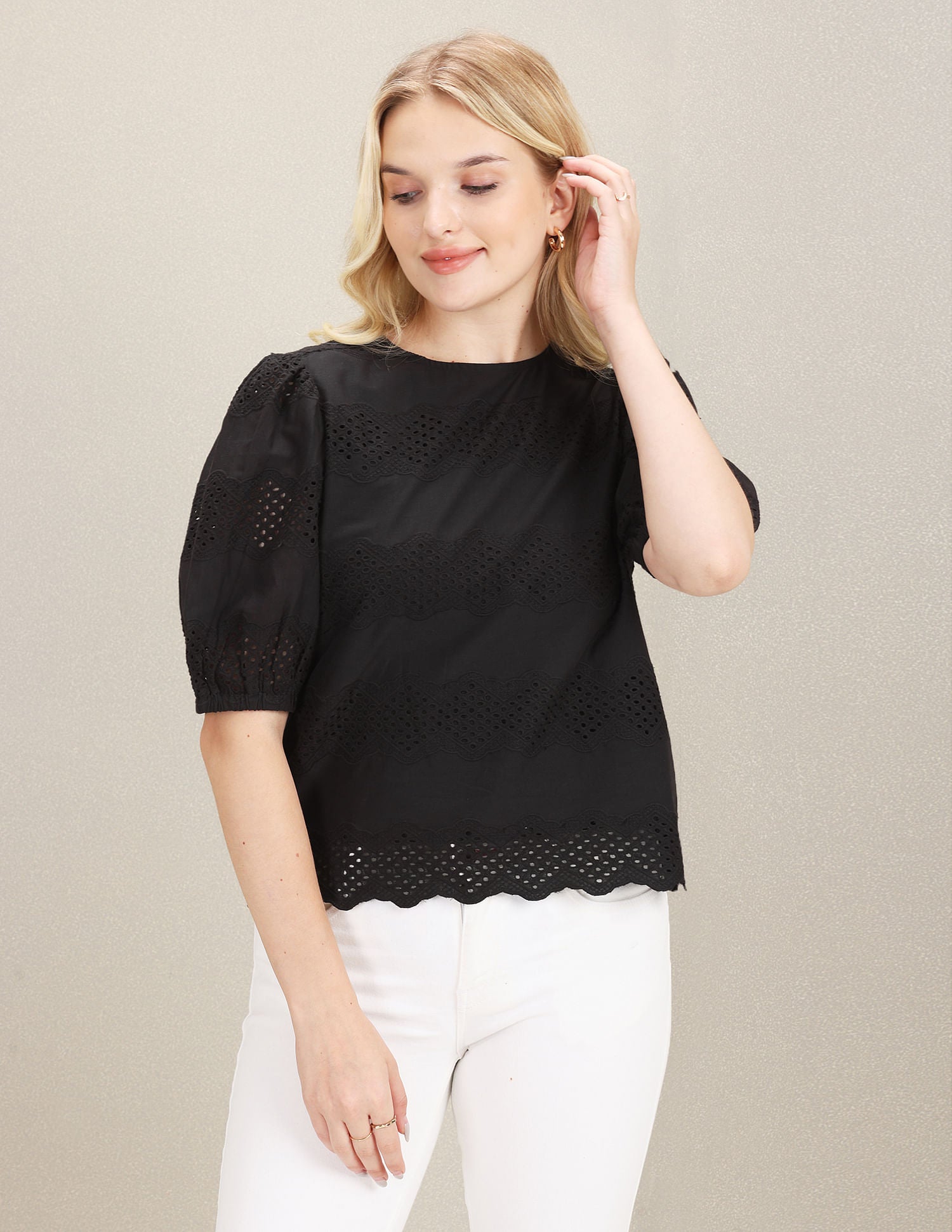 Puff Sleeve Schiffli Cotton Top Black - U.S. Polo Assn. India | Large