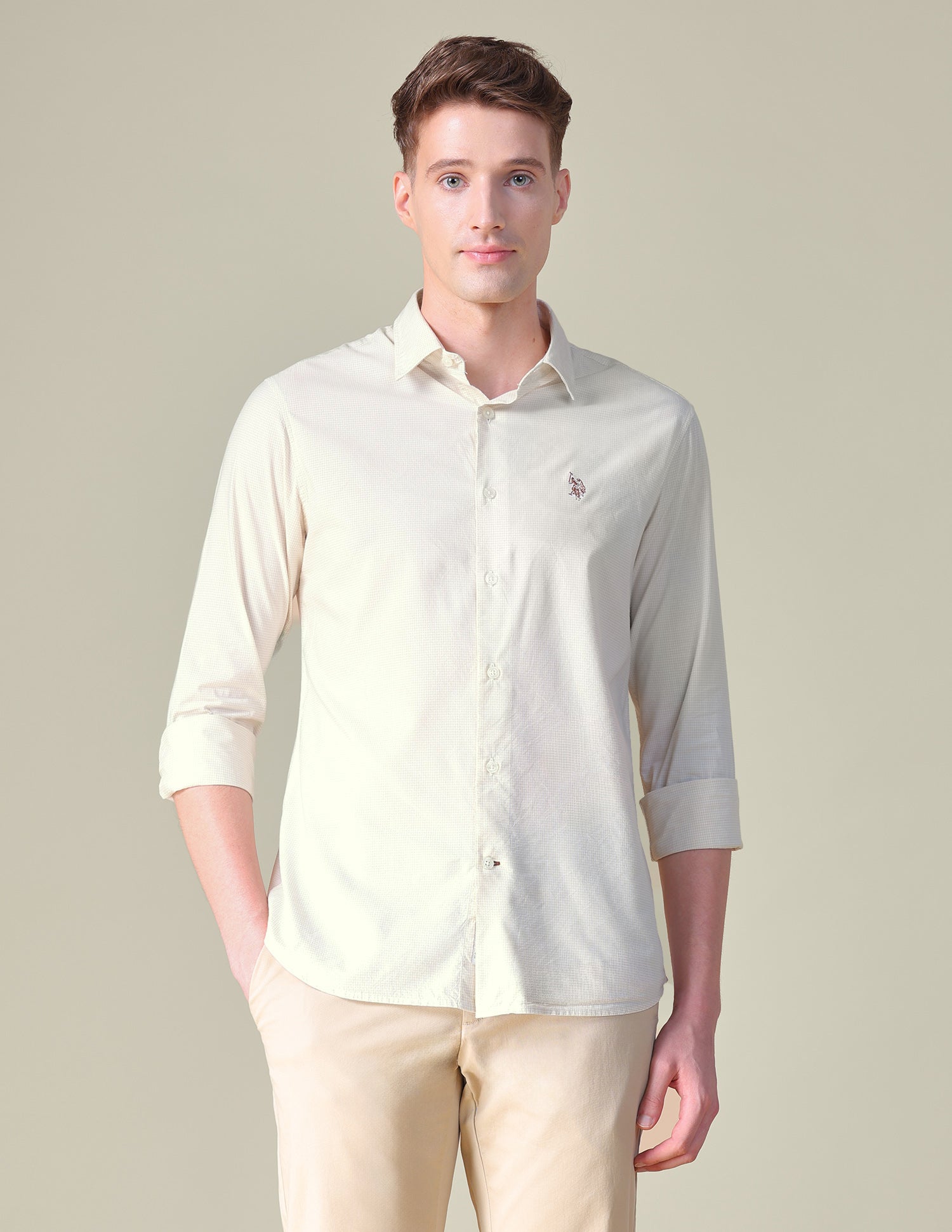 Gingham Checked Tailored Fit Shirt Beige - U.S. POLO ASSN. | Large