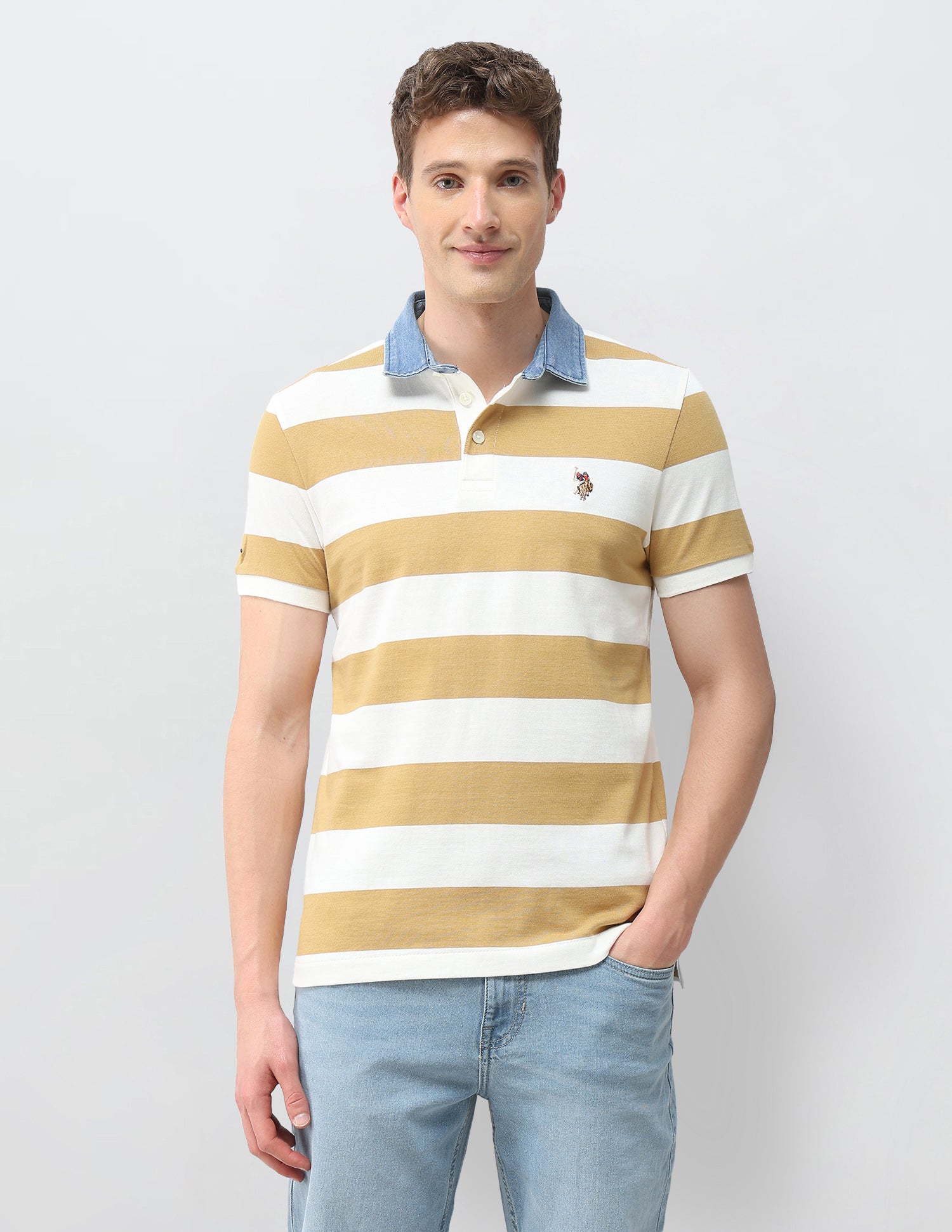 Horizontal Striped Muscle Fit Polo Shirt Mustard - U.S. Polo Assn. India | Large