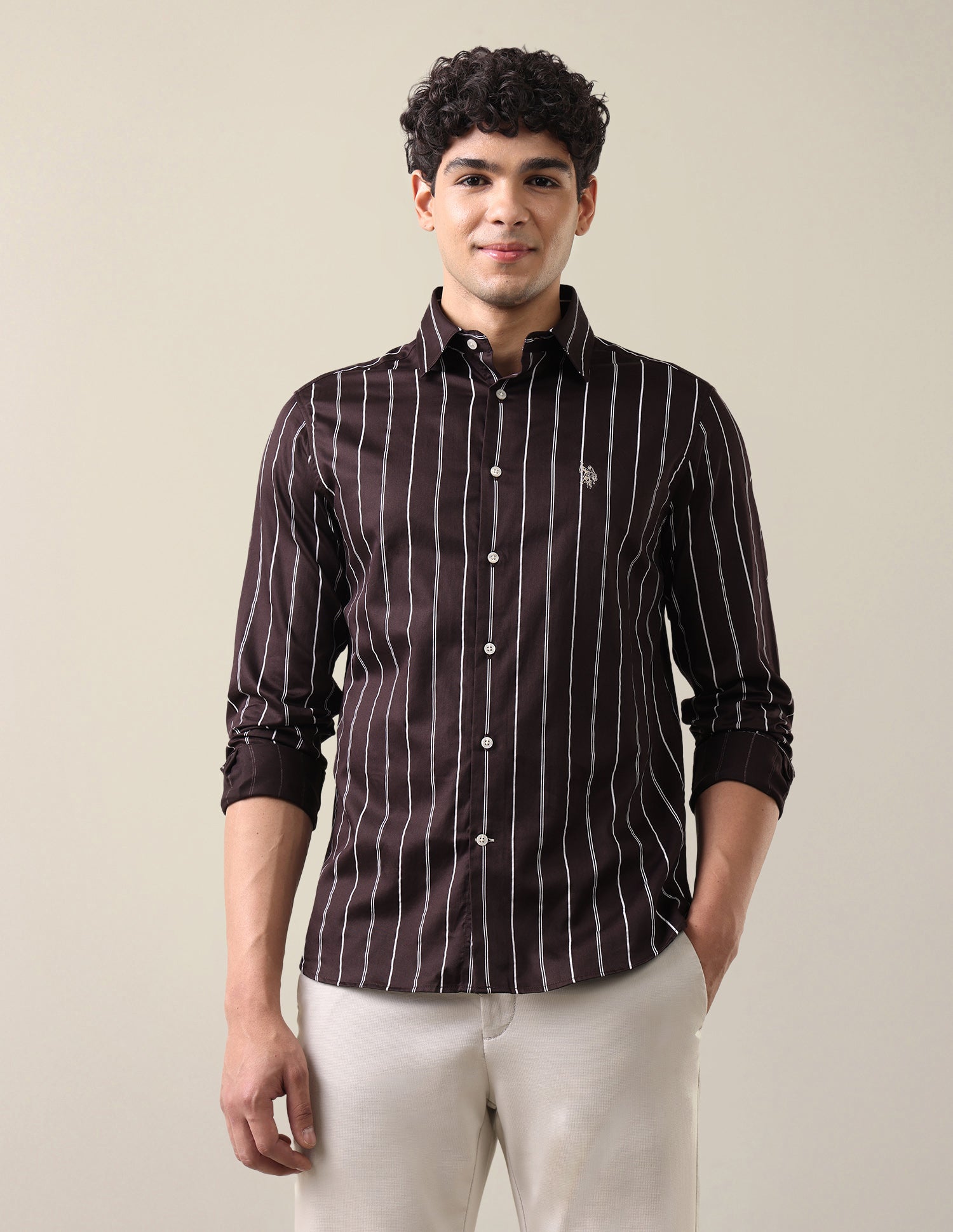 Satin Vertical Striped Shirt Brown - U.S. Polo Assn. India | Large